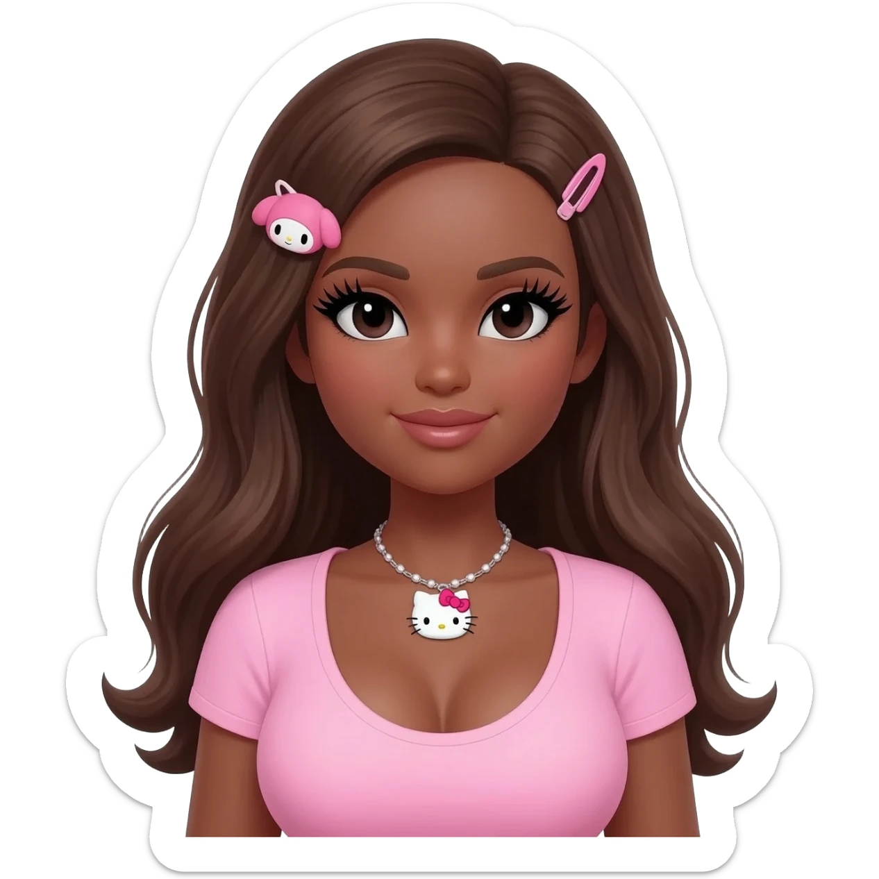 Long giant lashes, my melody hairclip, Doll faced shaped, hello kitty necklace, bimbo, black doll eyes, barbie, dark brown skin with brown hair, light pink bimbo shirt says "blunt" , big breast sticker