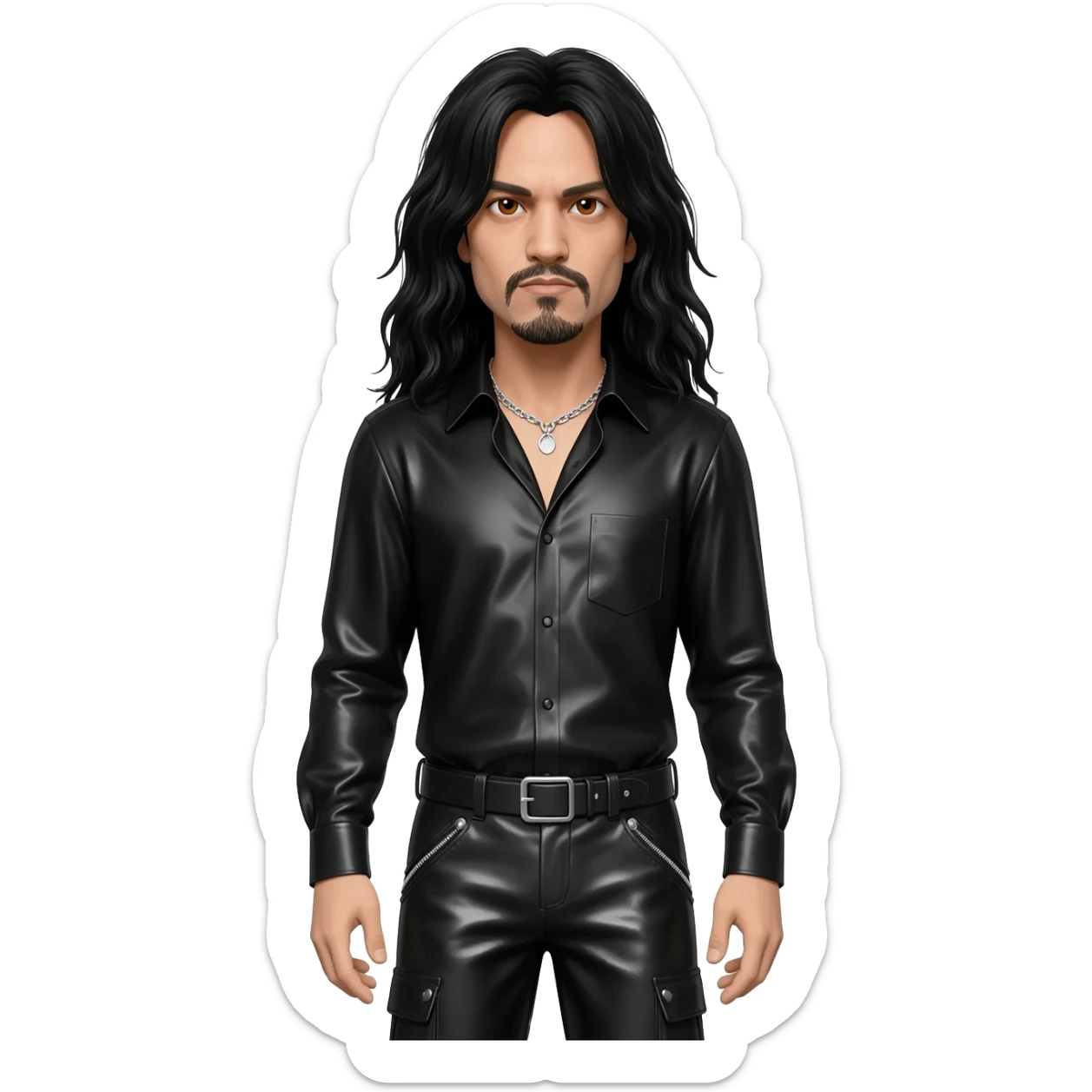 Tom Araya with brown eyes, long black hair, black metallic shirt, black metallic baggy pants, silver necklace sticker