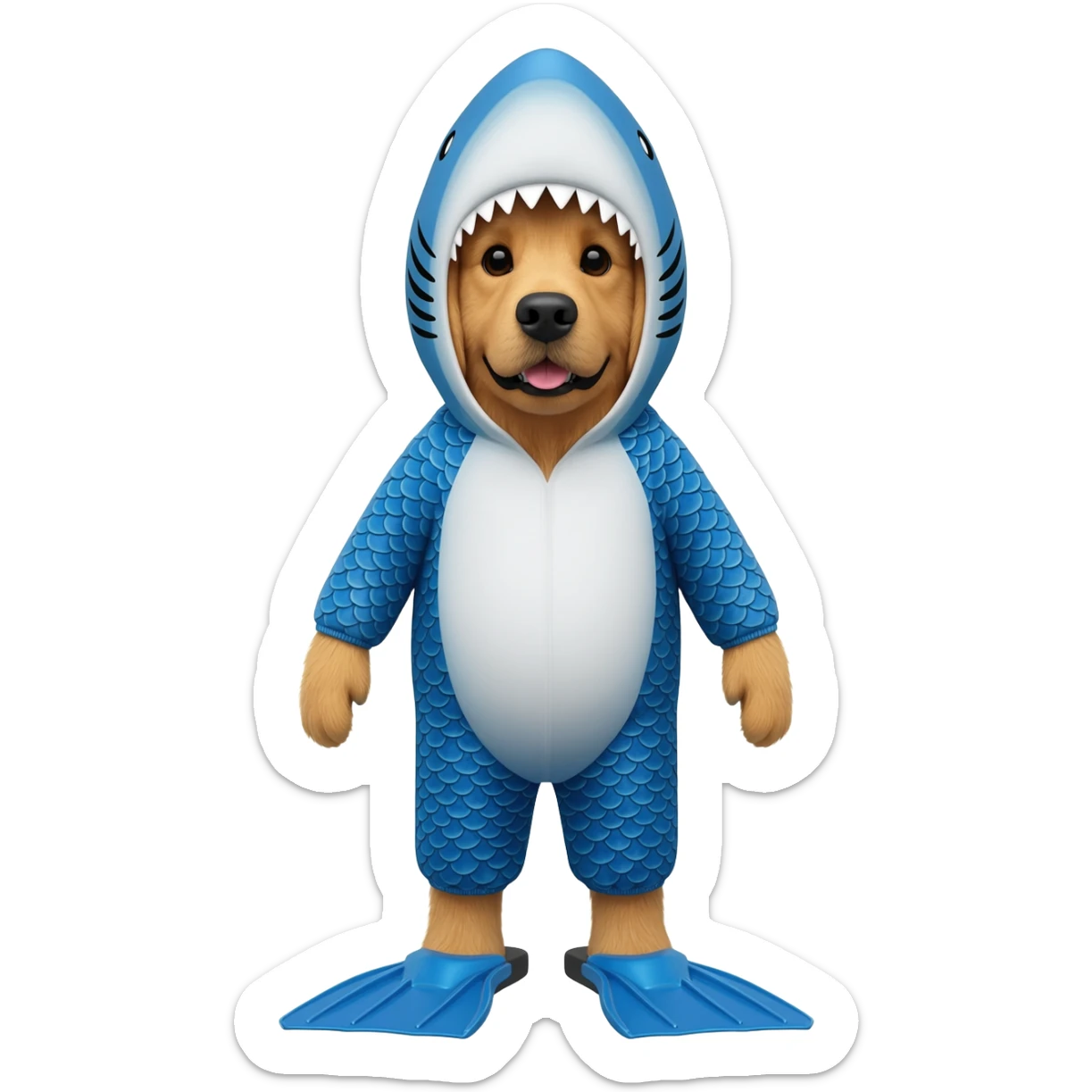 A golden retriever wearing a shark costume sticker