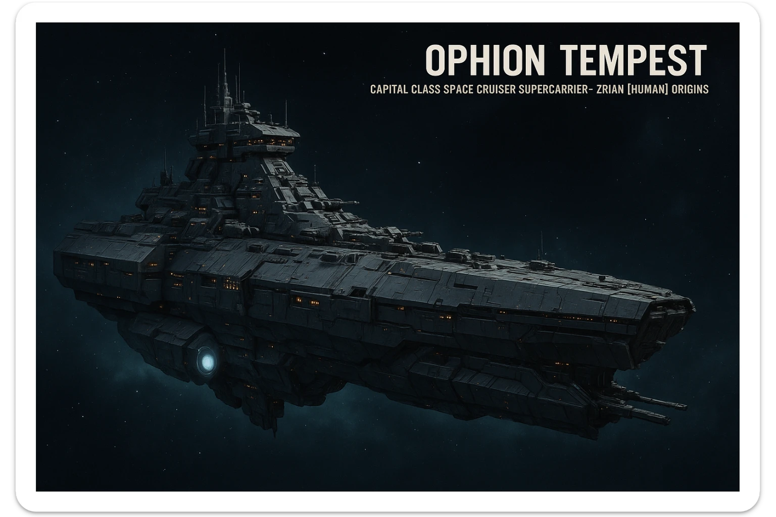 capital class space cruiser supercarrier of Zrian [human] origins, named the "Ophion Tempest" sticker