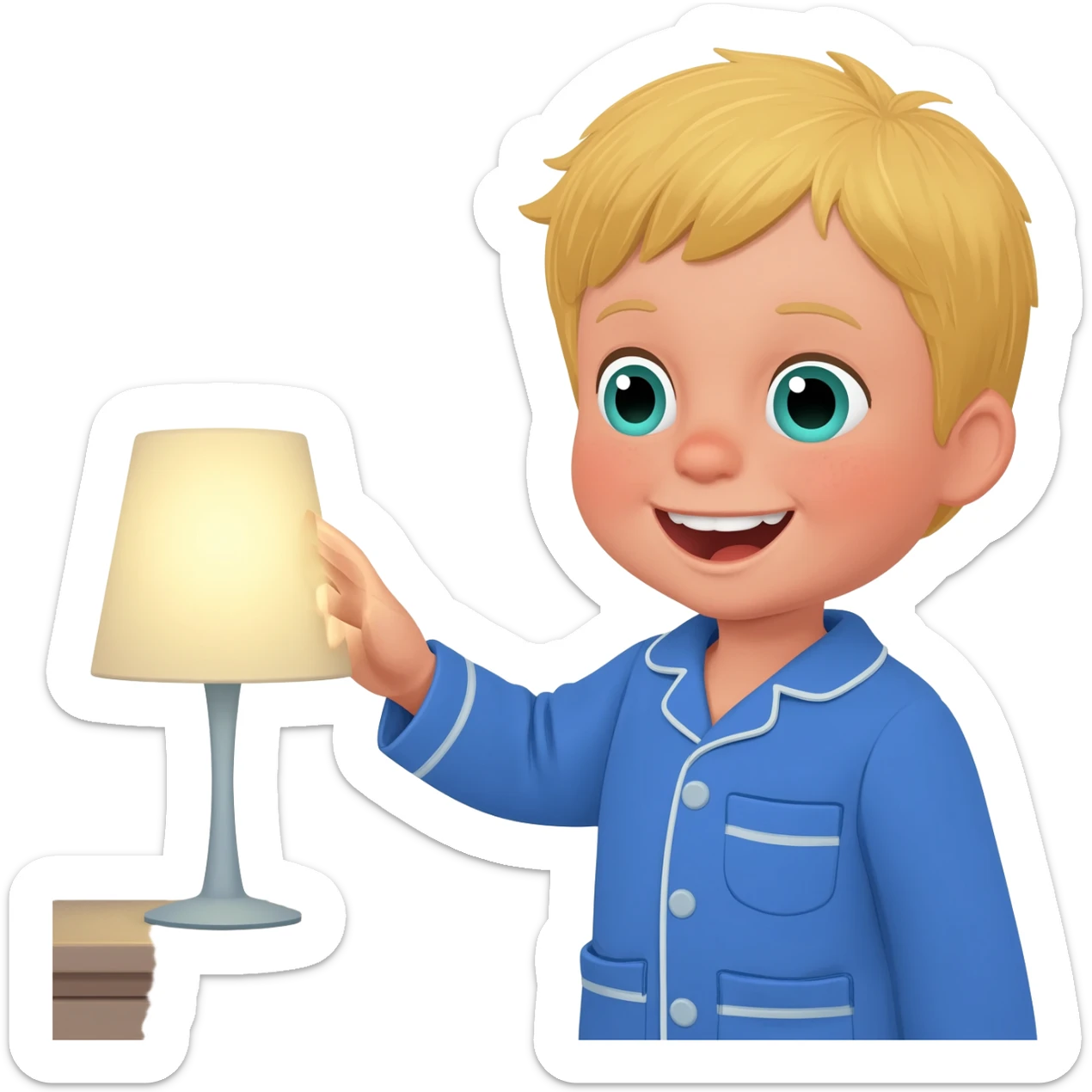 Create an emoji of the same blonde 3 year old as the first one you did. A happy boy with blue-greenish eyes turning off the lights to go to sleep with blue pajamas on sticker
