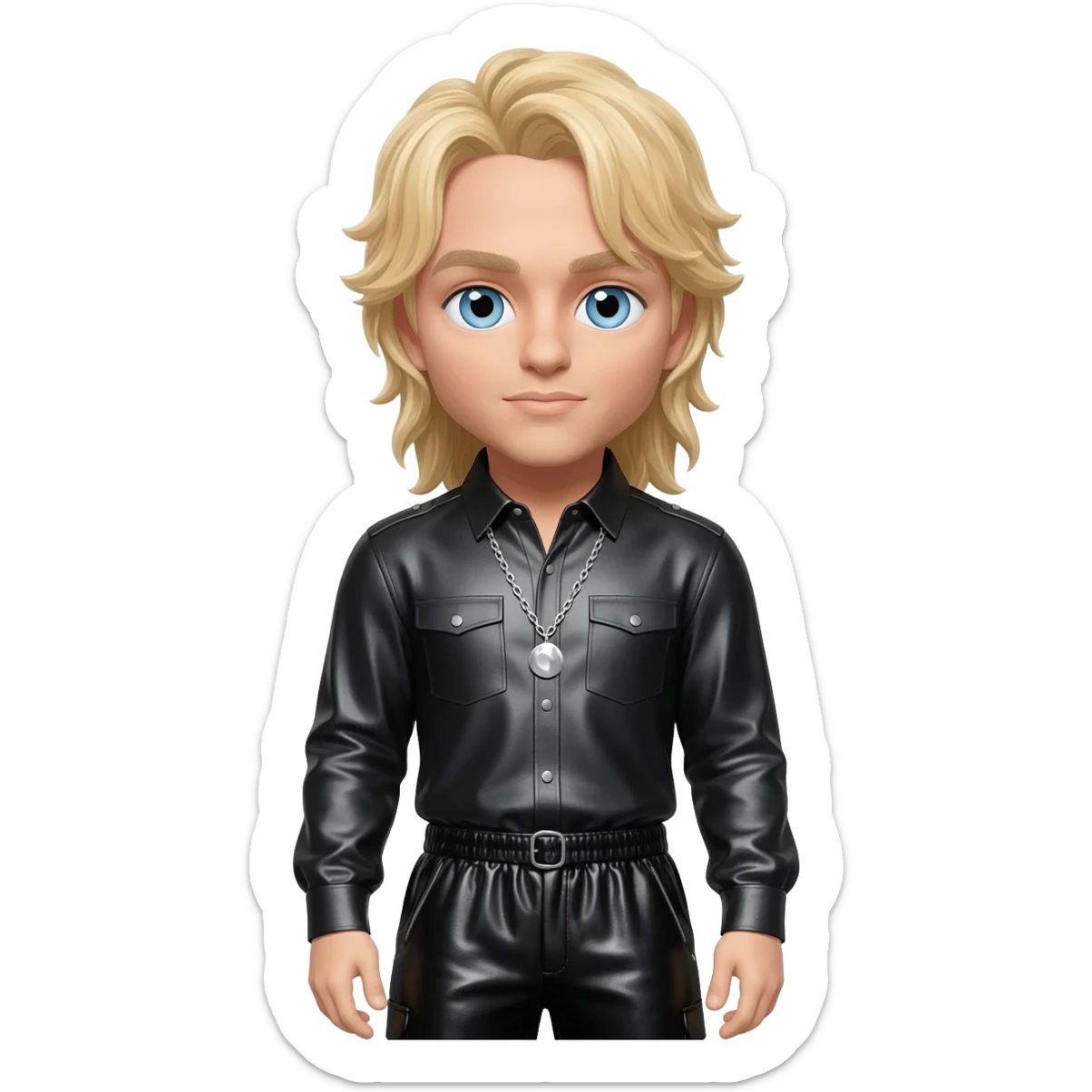 Brian McFadden from Westlife with blue eyes, blonde hair, black metallic shirt, black metallic baggy pants, silver necklace sticker