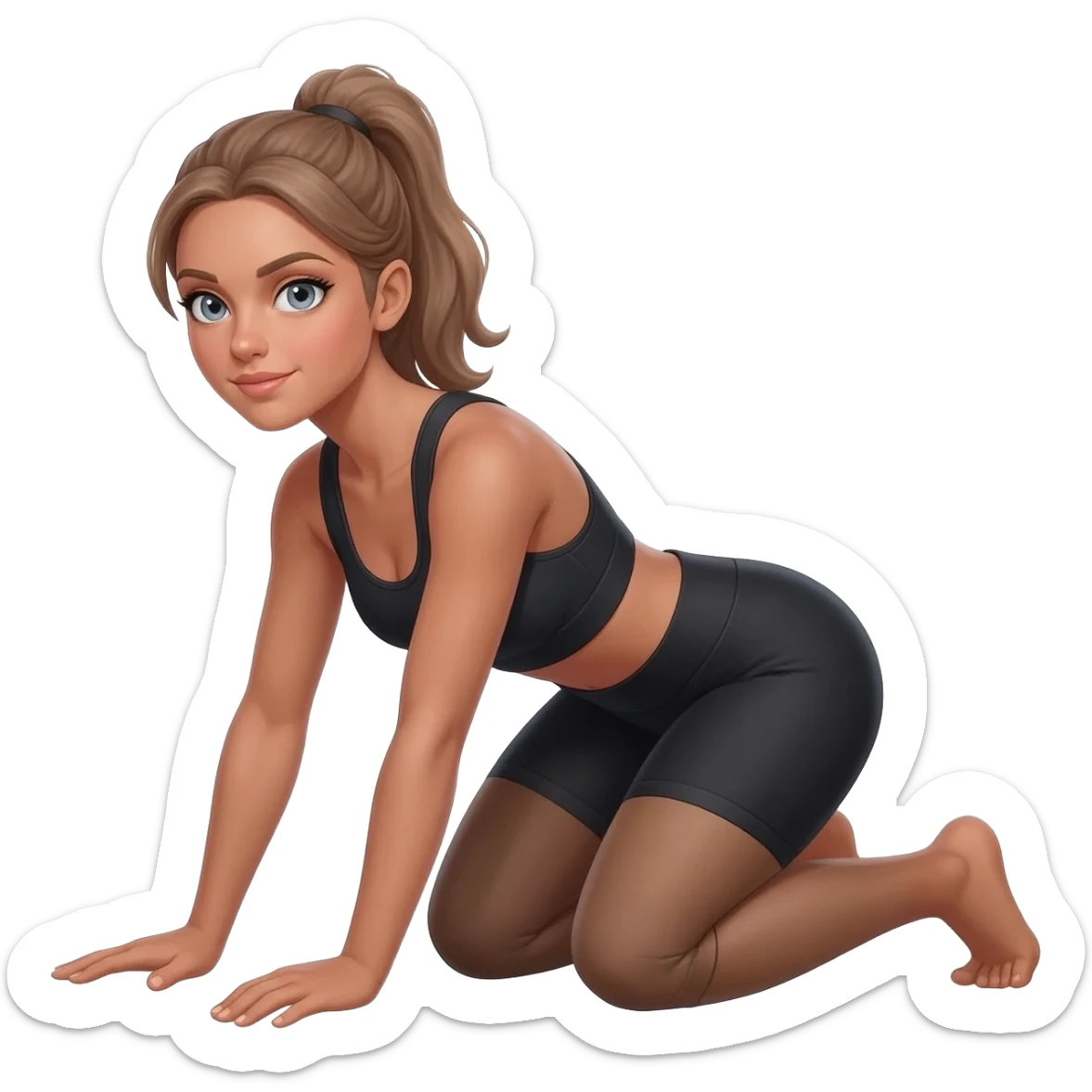 squat to reach, fair-skinned woman, light gray-blue eyes, ash brown brows, ash light brown hair tied back, slim athletic body, black workout set sticker