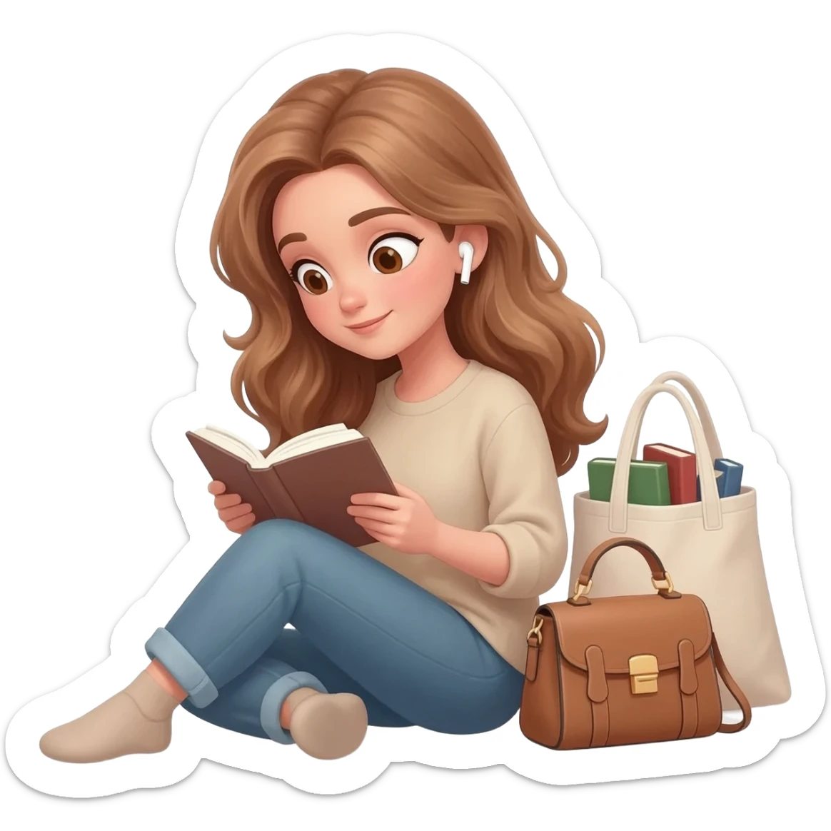 detailed emoji scene of a woman with long light brown wavy hair and light brown eyes reading a book, wearing AirPods in her ears, sitting comfortably with a handbag next to her and a tote bag full of books, cozy reading atmosphere, clean emoji style sticker