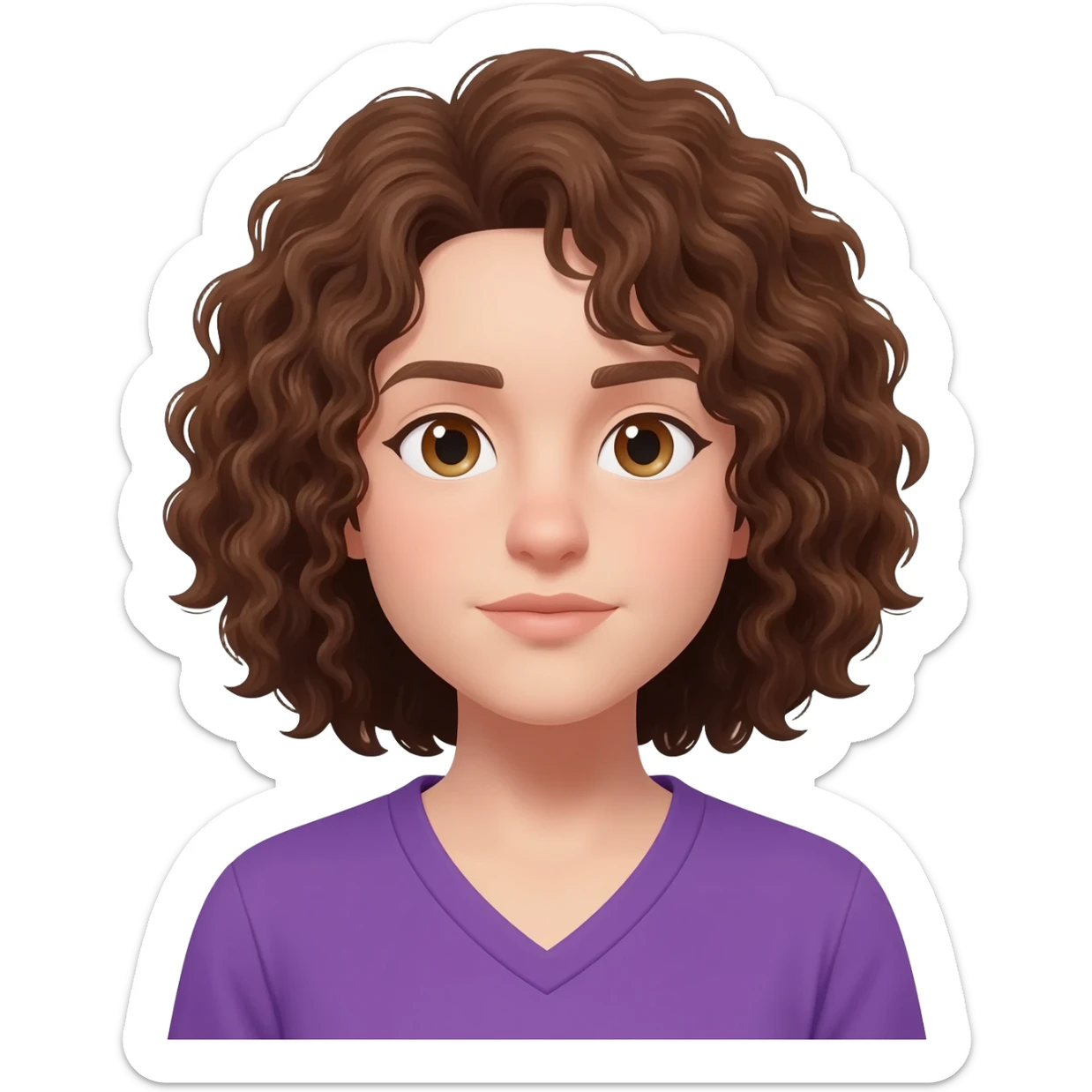 brown curly shoulder length hair, hazel eyes, pail skin, purple v-neck shirt sticker