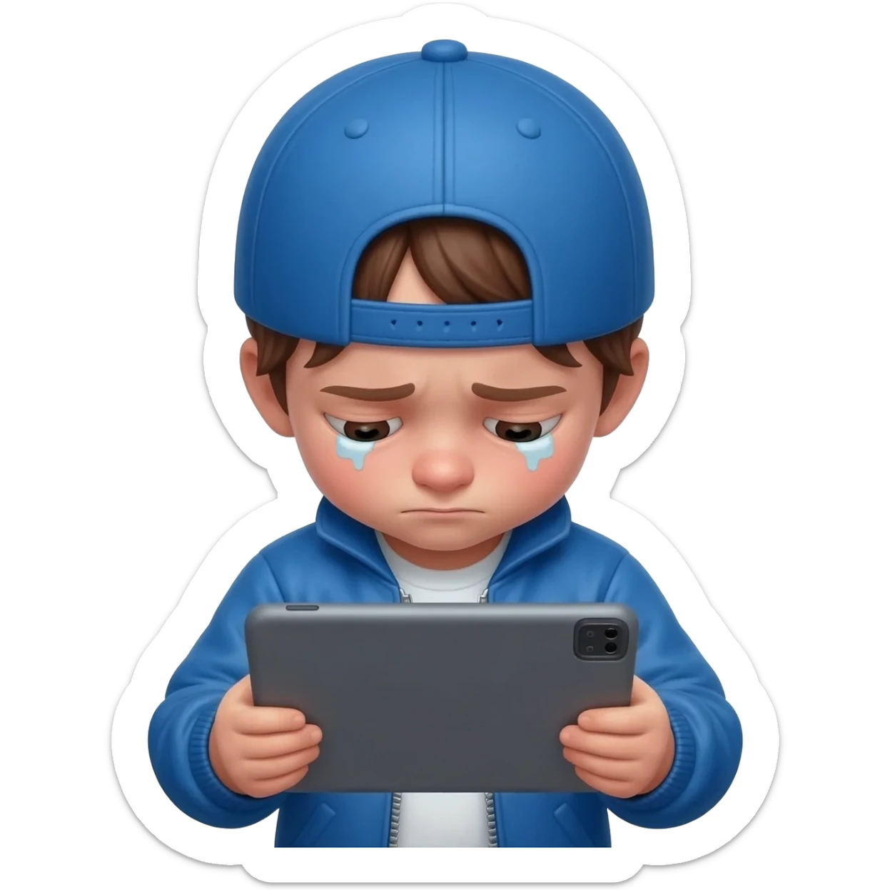 Skinny as fuck white child brown hair with a blue baseball hat and jacket watching YouTube for 24 hours straight On a big as fuck iPad with super diluted and baggy eyes with red lines in the eyes sticker