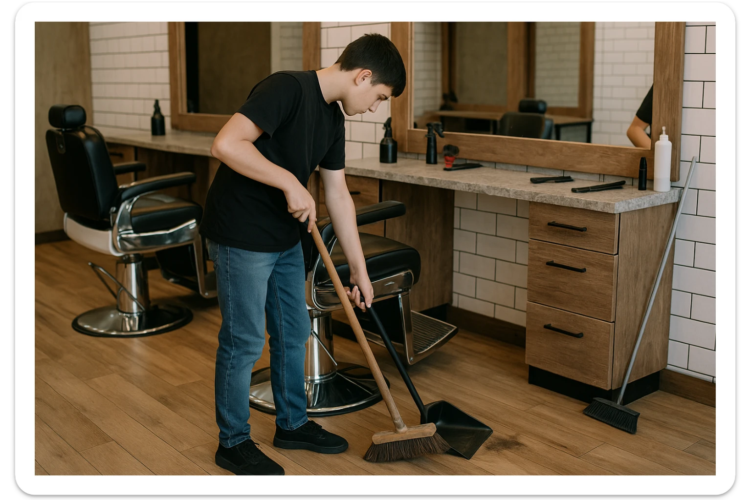 sartaroshxonani tozalayotgan o'smirin bola juda  yosh ham emas katta ham supir sudir qilaytgani narsalarni tozalayotgani yuzi ko'rinmasin
 sticker