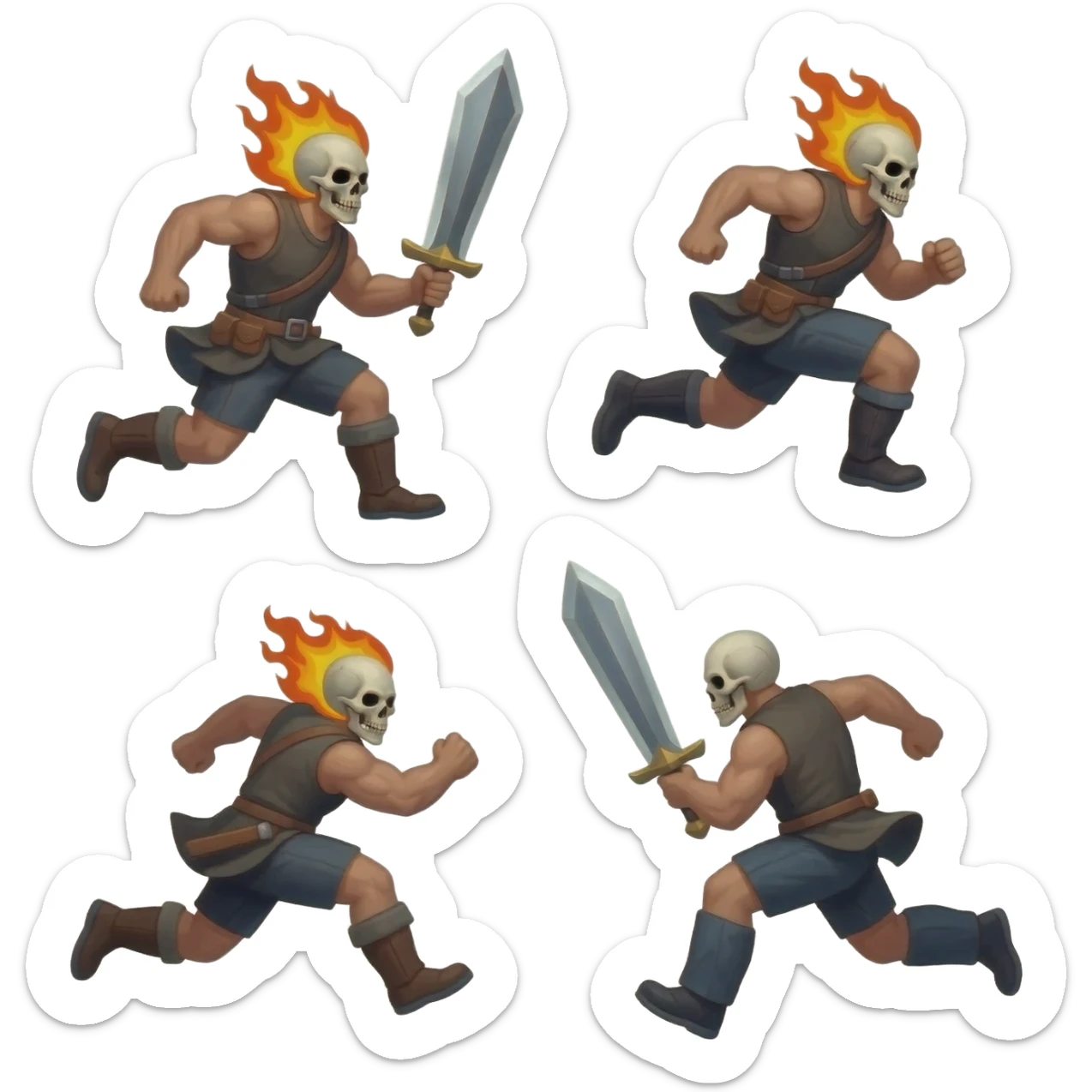 A sprite sheet of a man with a burning skull head and a large sword running, show all 4 stages of him running with no back ground, show the 4 stages of him running in a row, with changing arm and leg positions for each stage of running sticker