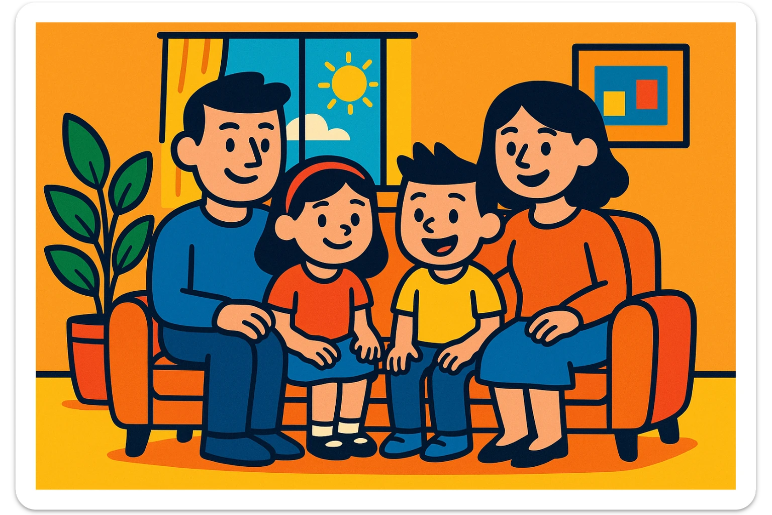 a family of four in a cozy living room, cartoon style, vibrant colors sticker