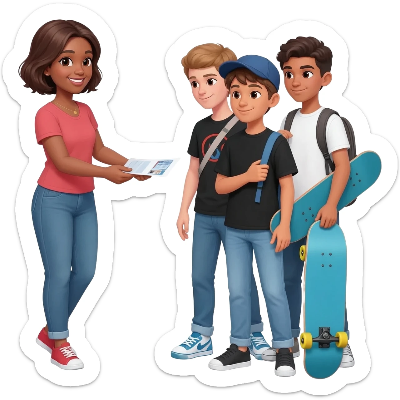 mujer de 45 años entregando folletos y hablando con grupo de adolescente vestido con jean y remera negra o blanca. alguno puede tener gorra, otro cartera, otro patineta sticker