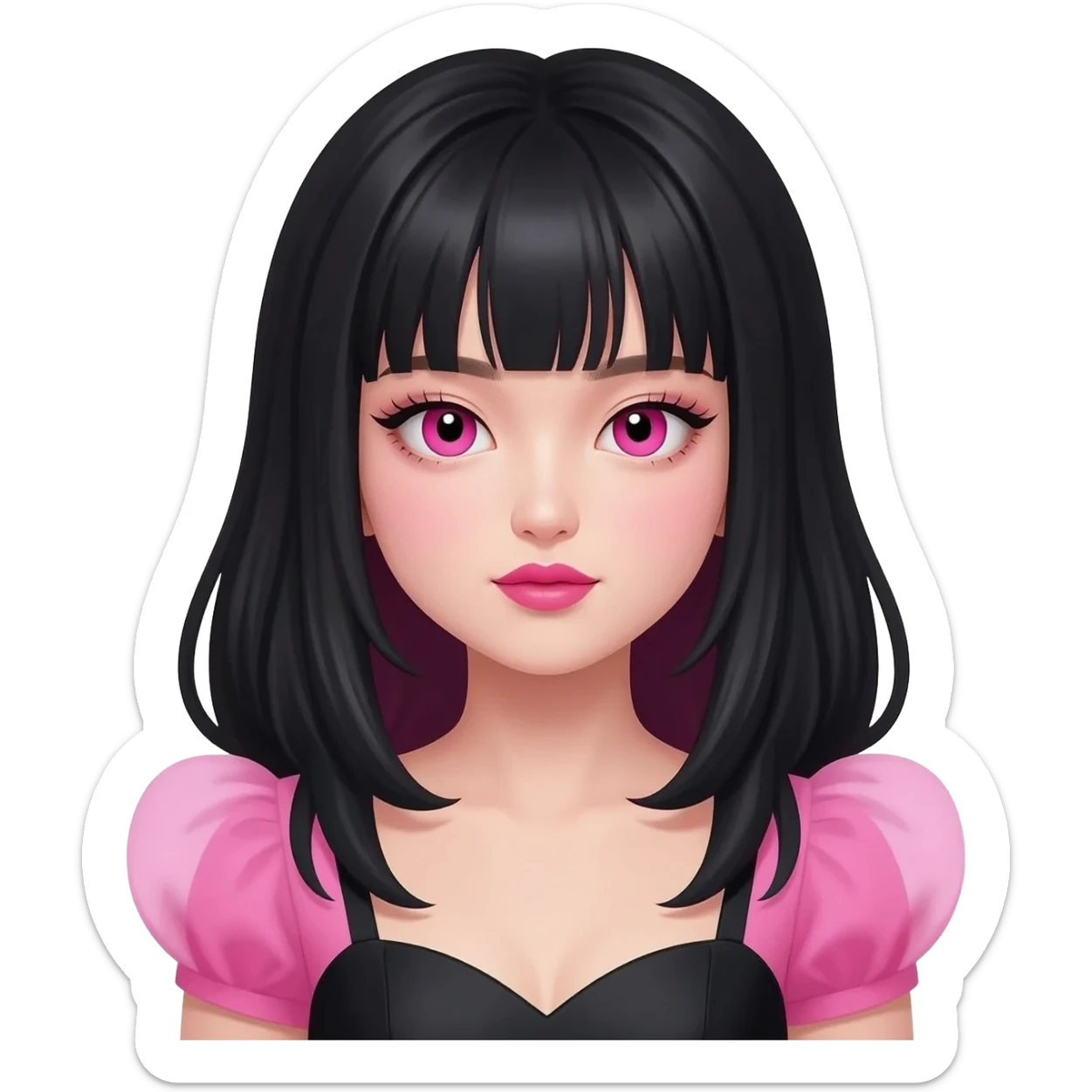Girl with black and pink long Korean hair with pink tints on her bangs and hair tall lashes that are pink and black and have pink light tints to them and the clothes are a pink and black dress and pink and black lime lips and eyes black and pink heterochromia and British eyebrows sticker
