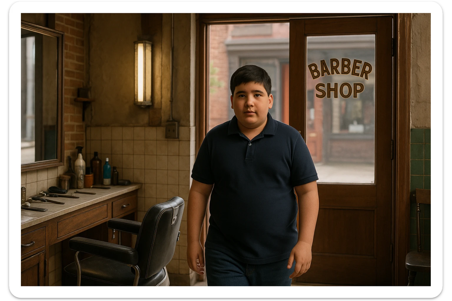 Shu odamni sartaroshxonaga kirib kelayapti  o'smirin davri rakurs ichkaridan sartaroshxona eski ham yangi ham emas bolani juda semiz qilib yuborma  u huddi sartaroshxonani  hammadan oldin kelib ochsinshu kadrni 2ta3ta rakursdan yarat sticker