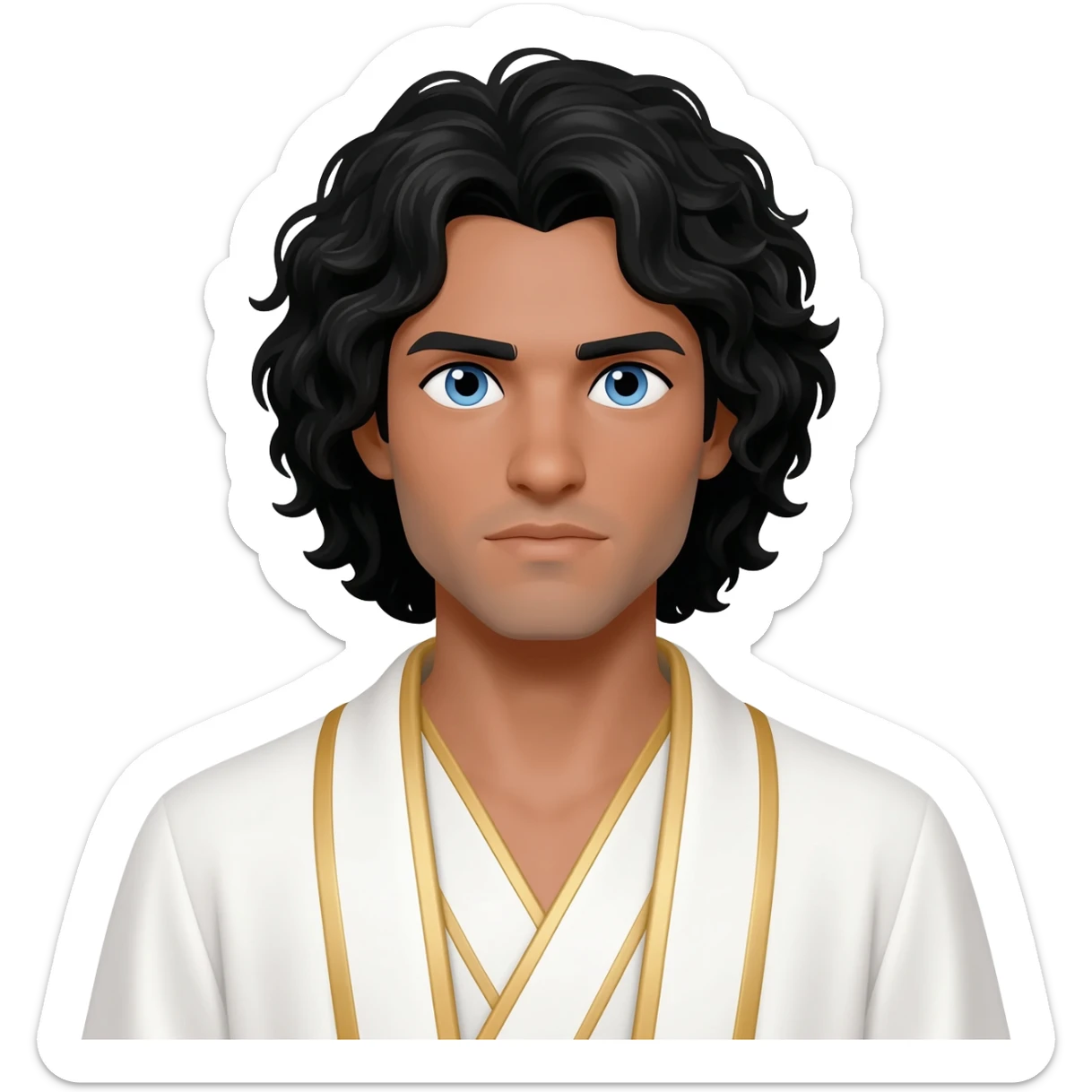 Male light brown skin blue eyes and long black curly hair and white and gold lines Jesus Christ sticker