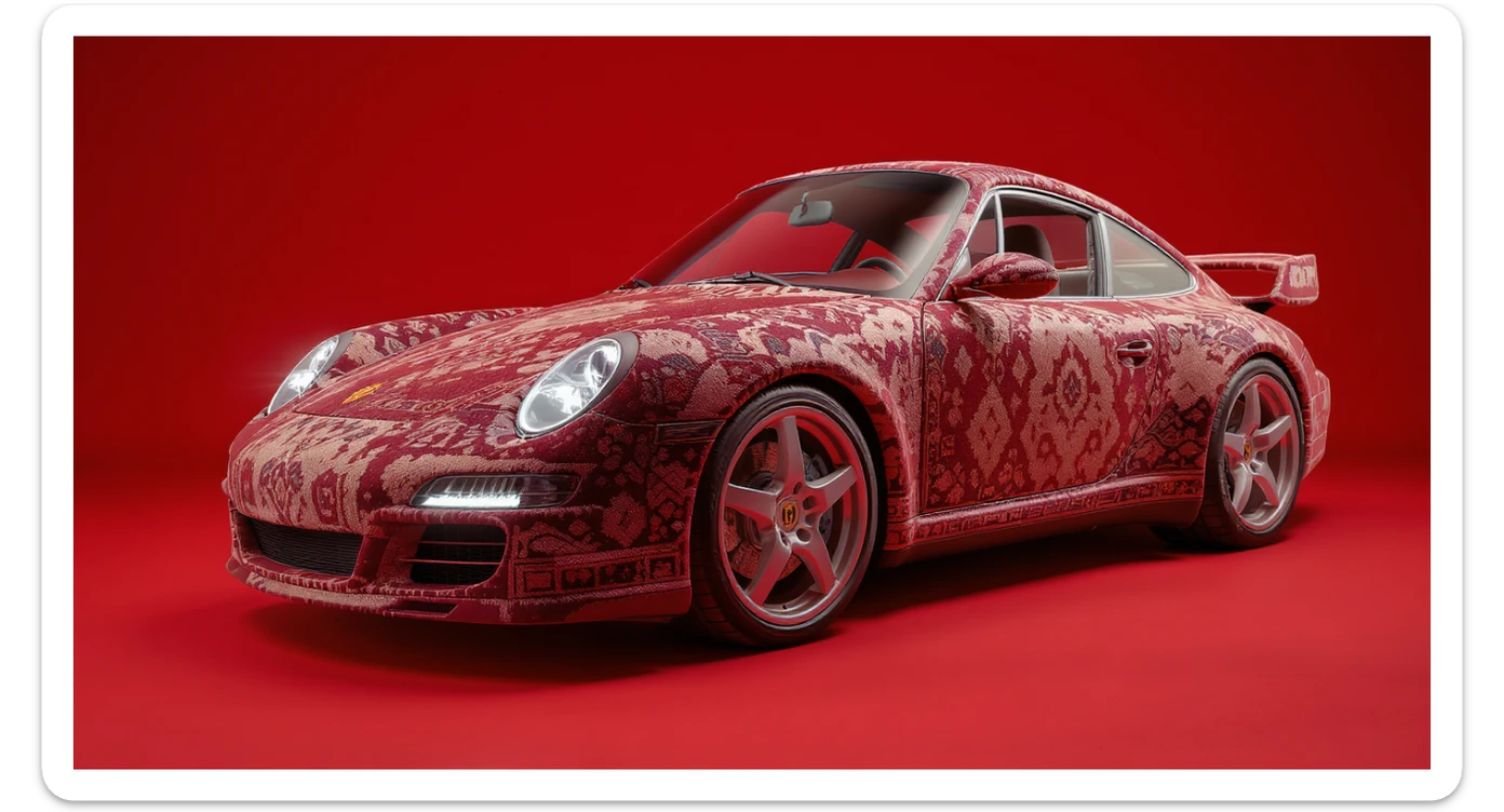 Closeup shot of a porsche 911, body of car made of russian carpet with patterns, red solid studio background, low keu light, top soft light, dutch angle,  captured by ARRI 65 sticker