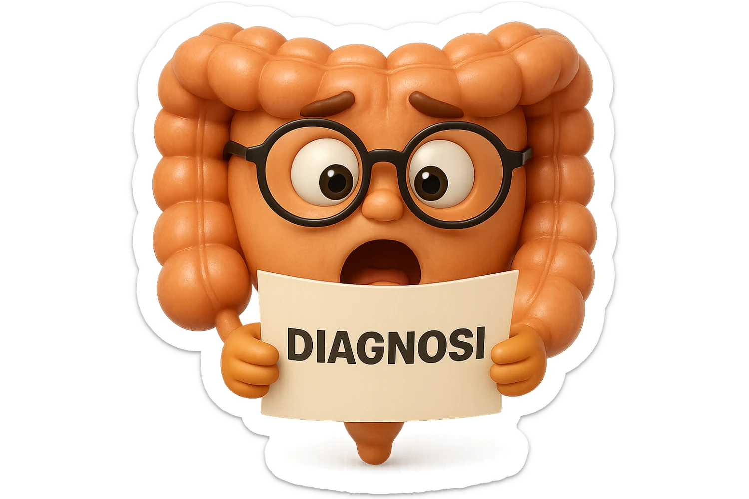EMOJI STILE IPHONE DI UN INTESTINO CON GLI OCCHIALI CHE LEGGE UN FOGLIO CON LA SCRITTA DIAGNOSI, ESPRESSIONE STUPITA IN VOLTO, IPERREALISTICO 4K sticker