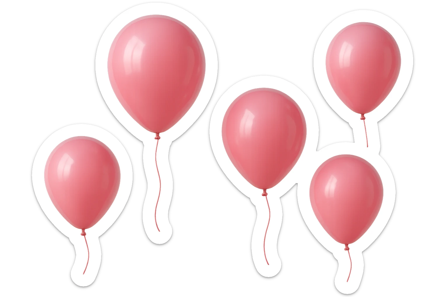 5 palloncini rosa fluttuano in aria isolati su sfondo bianco, iperrealistico 4k sticker