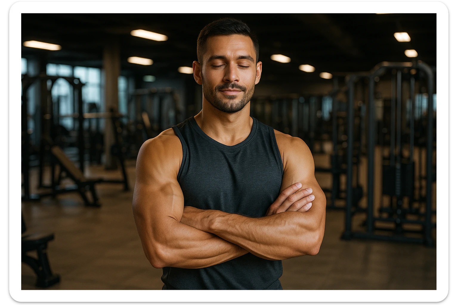 uomo sicuro di sè a braccia conserte, ben allenato e sereno, sullo sfondo una palestra sticker