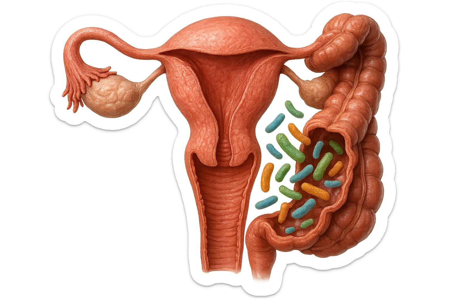 UTERO UMANO E INTESTINO ANATOMICI REALISTICO CON BATTERI CHE ESCONO DALL'INTERNO, IPERREALISTICO 4K sticker