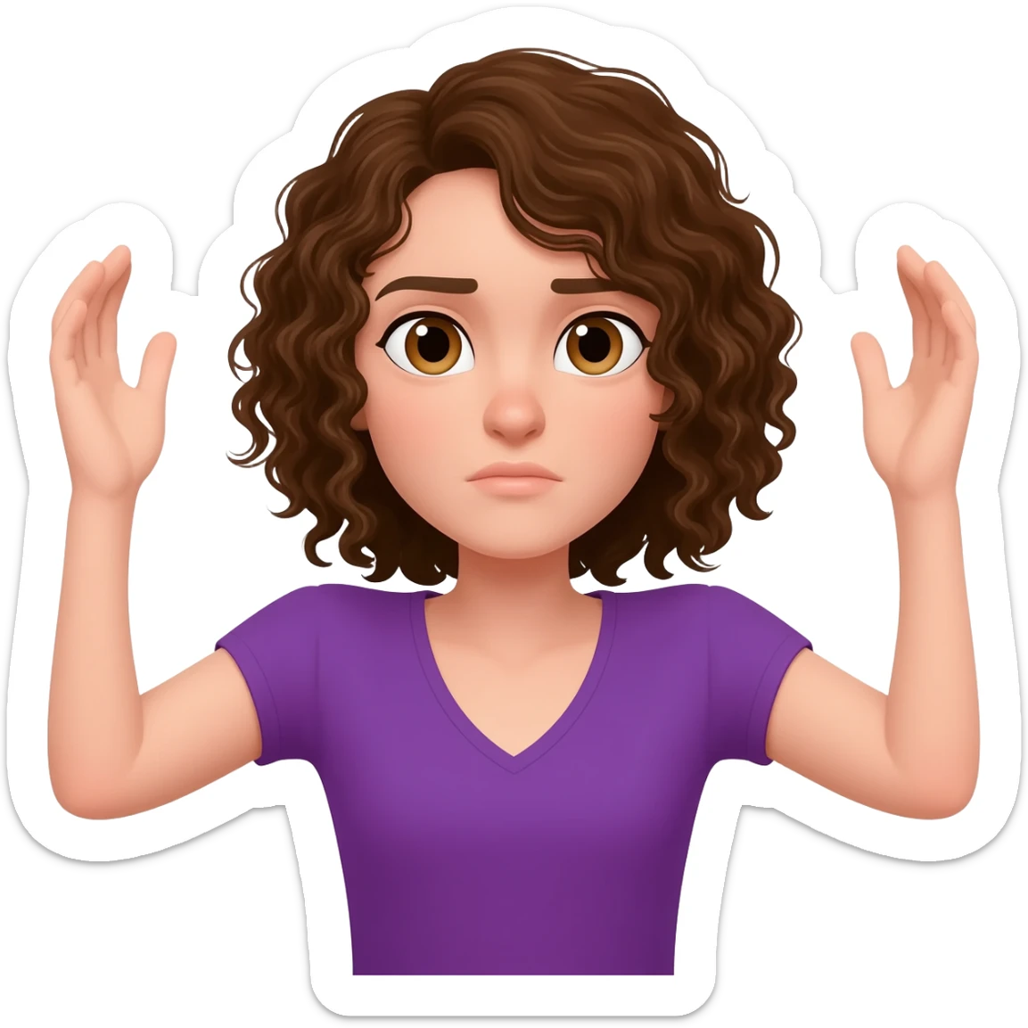 brown curly shoulder length hair, hair touching shoulders, hazel eyes, pail skin, purple v-neck shirt, arms up in an emoji shrug position. sticker