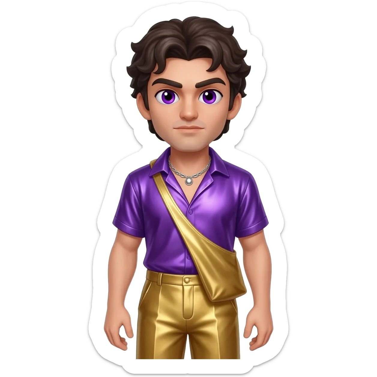 Dionysus from Greek Mythology with purple eyes, dark brown hair, purple metallic shirt, gold metallic baggy pants, silver necklace sticker