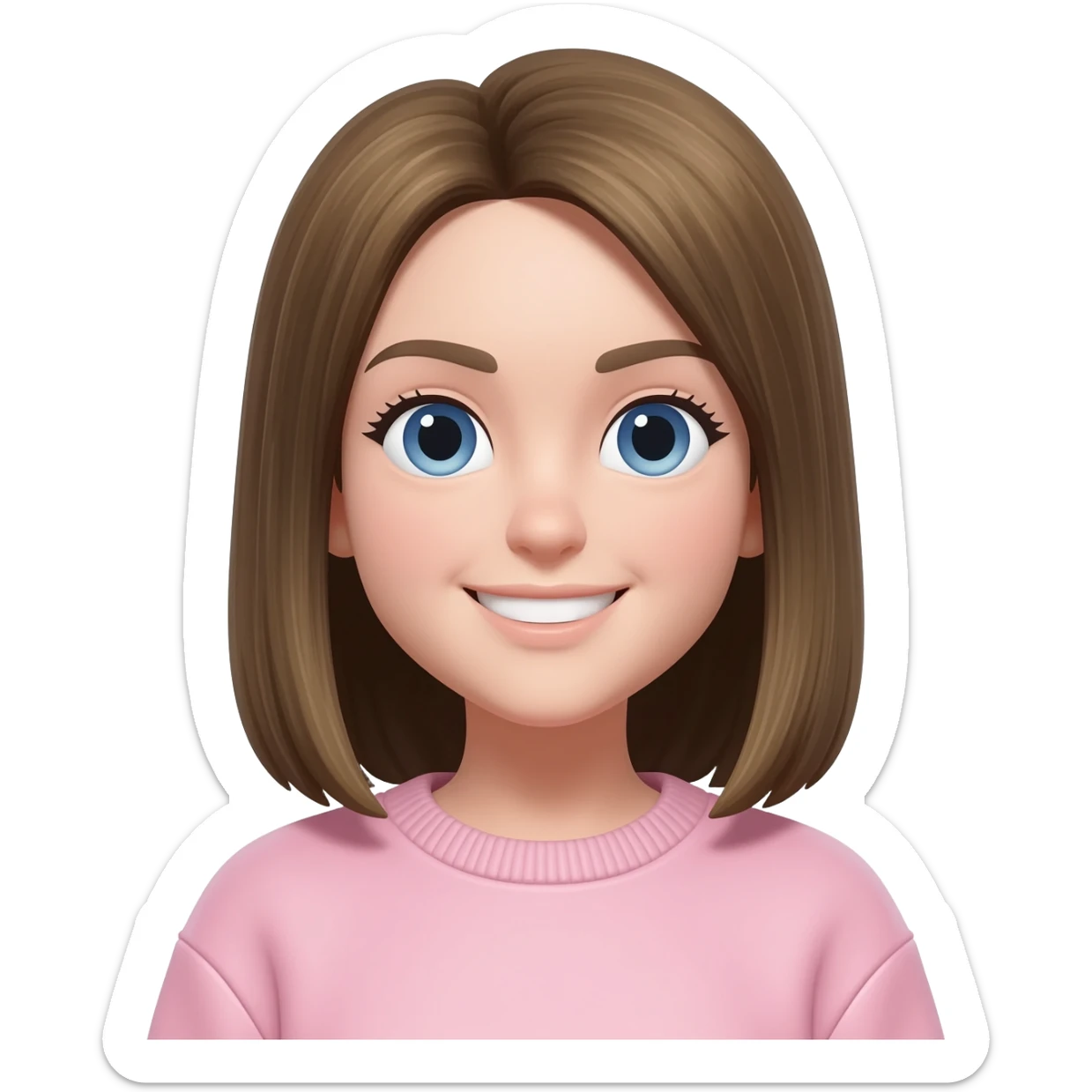 girl with dark blond hair, straight mid-length hair, with light blue eyes, wearing a pastel pink sweatshirt sticker