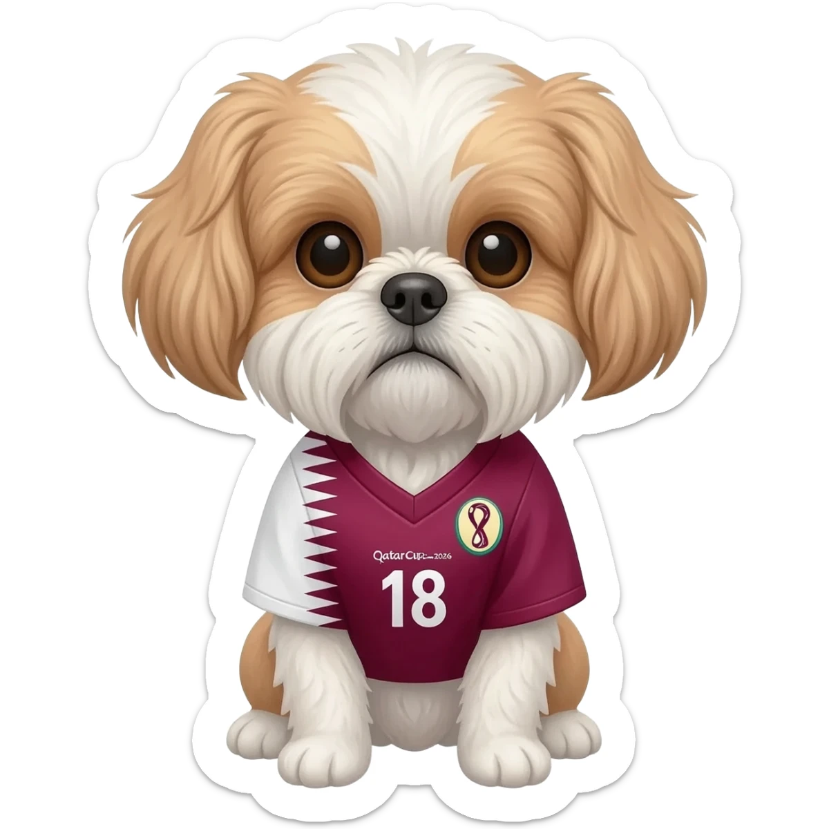 white and light brown shih zhu wearing a Qatar soccer jersey v neck 2026 work cup sticker