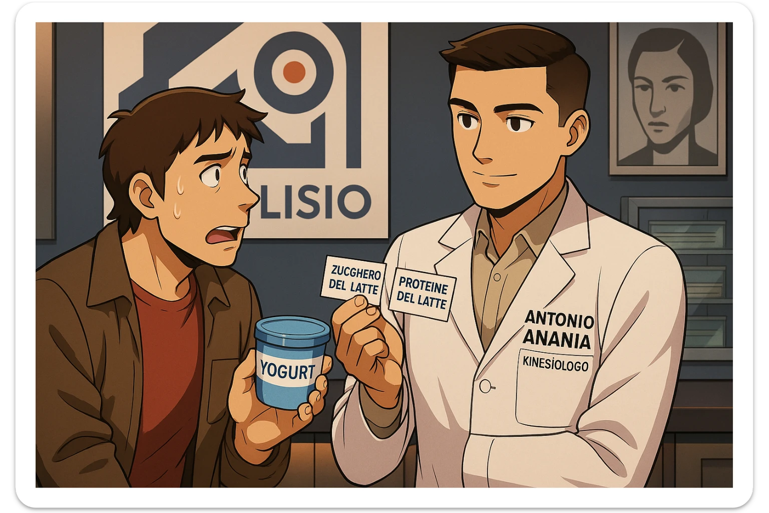 fai un webtoon manga a colori con questo stile, in cui un uomo ASCOLTA Il kinesiologo con il camice bianco (fagli anche la scritta "ANTONIO ANANIA" SUL CAMICE, IL KINESIOLOGO SPIEGA ALL'UOMO UNA COSA TENENDO DUE FOGLIETTINI IN MANO, UNO CON LA SCRITTA "ZUCCHERO DEL LATTE" E UNA CON LA SCRITTA "PROTEINE DEL LATTE". L'UOMO OSSERVA LO YOGURT CHE HA IN MANO CON ESPRESSIONE DUBBIOSA IN VOLTO. non fare i fumetti però, fai solo in modo che sembri stiano parlando sticker