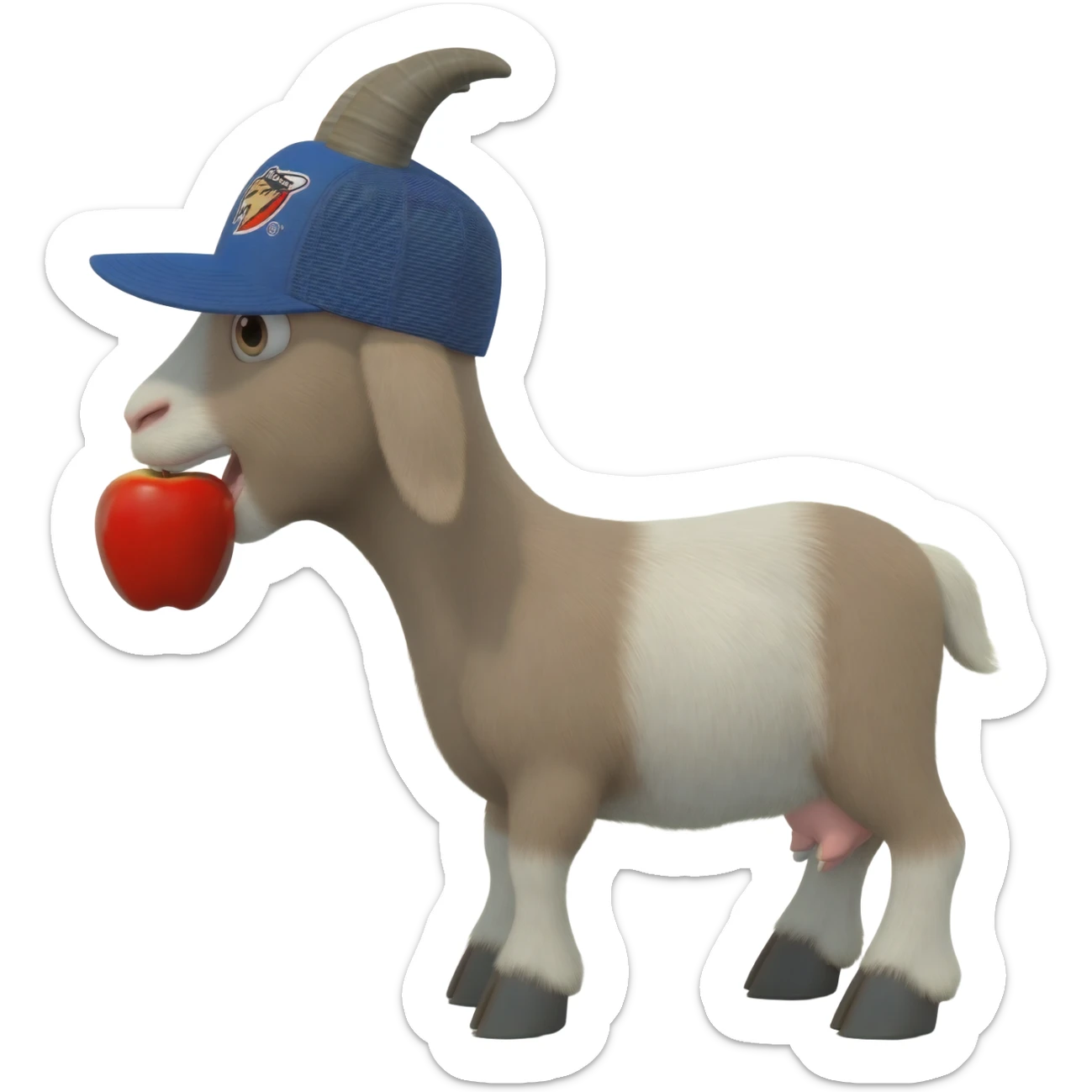 A goat wearing trucker bobcat equipment hat eating an apple. sticker