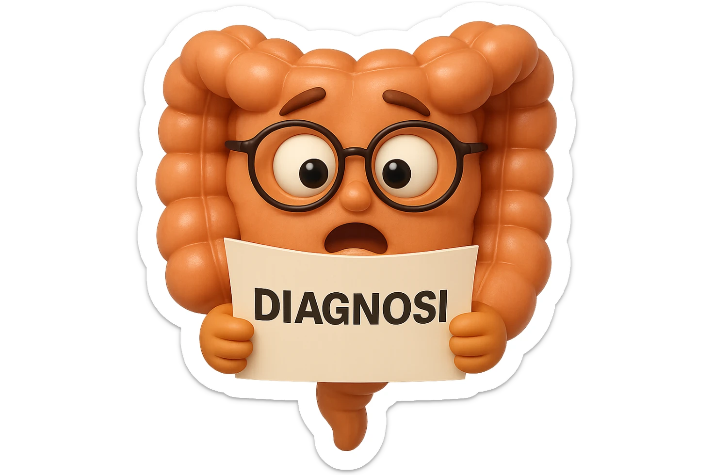 EMOJI STILE IPHONE DI UN INTESTINO CON GLI OCCHIALI CHE LEGGE UN FOGLIO CON LA SCRITTA DIAGNOSI, ESPRESSIONE STUPITA IN VOLTO, IPERREALISTICO 4K sticker