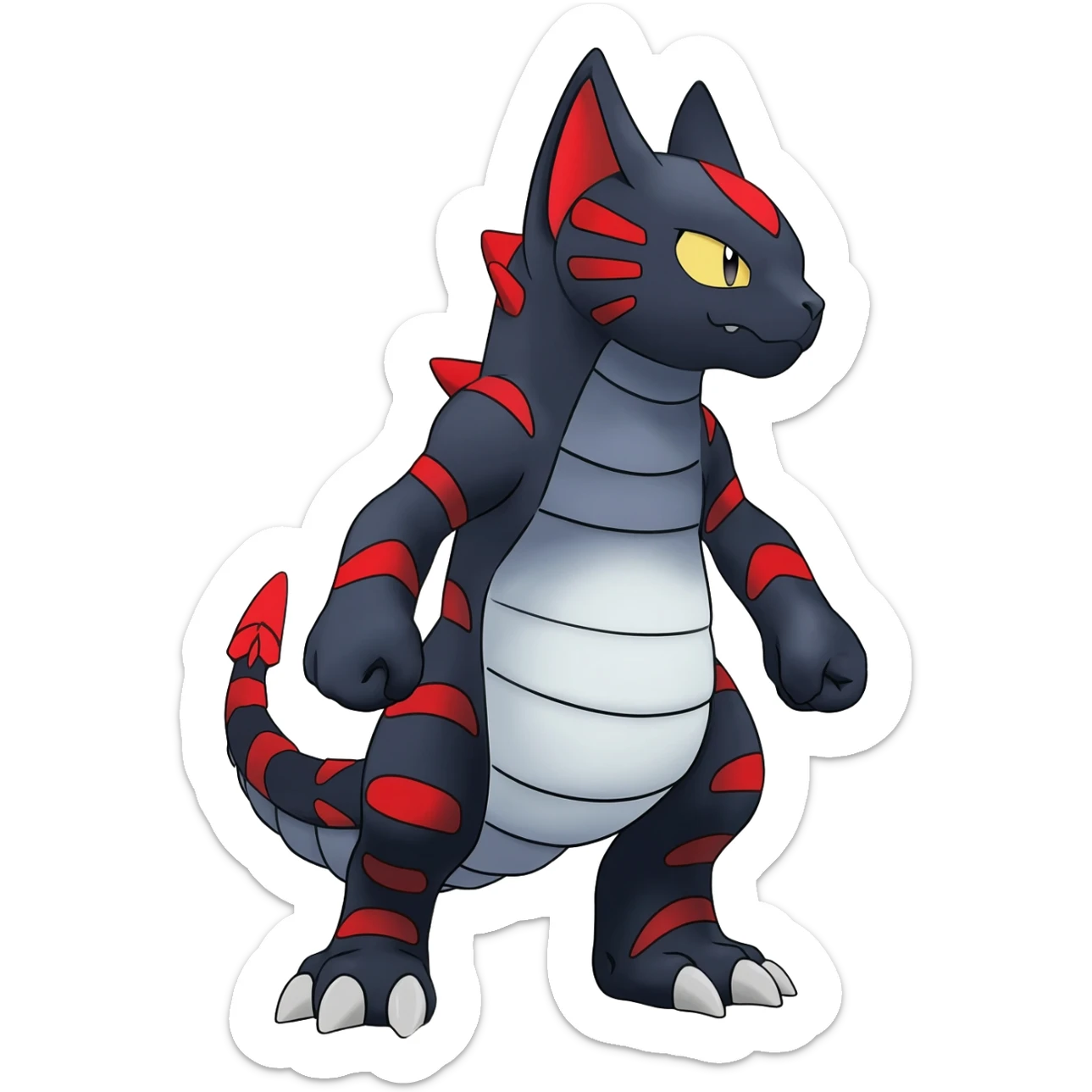 midnight blue-gray-black, with red markings, white belly, scaley Bastet-Noibat-Gatomon-Garchomp-Digimon-Fakémon-Pokémon-creature (full body) sticker