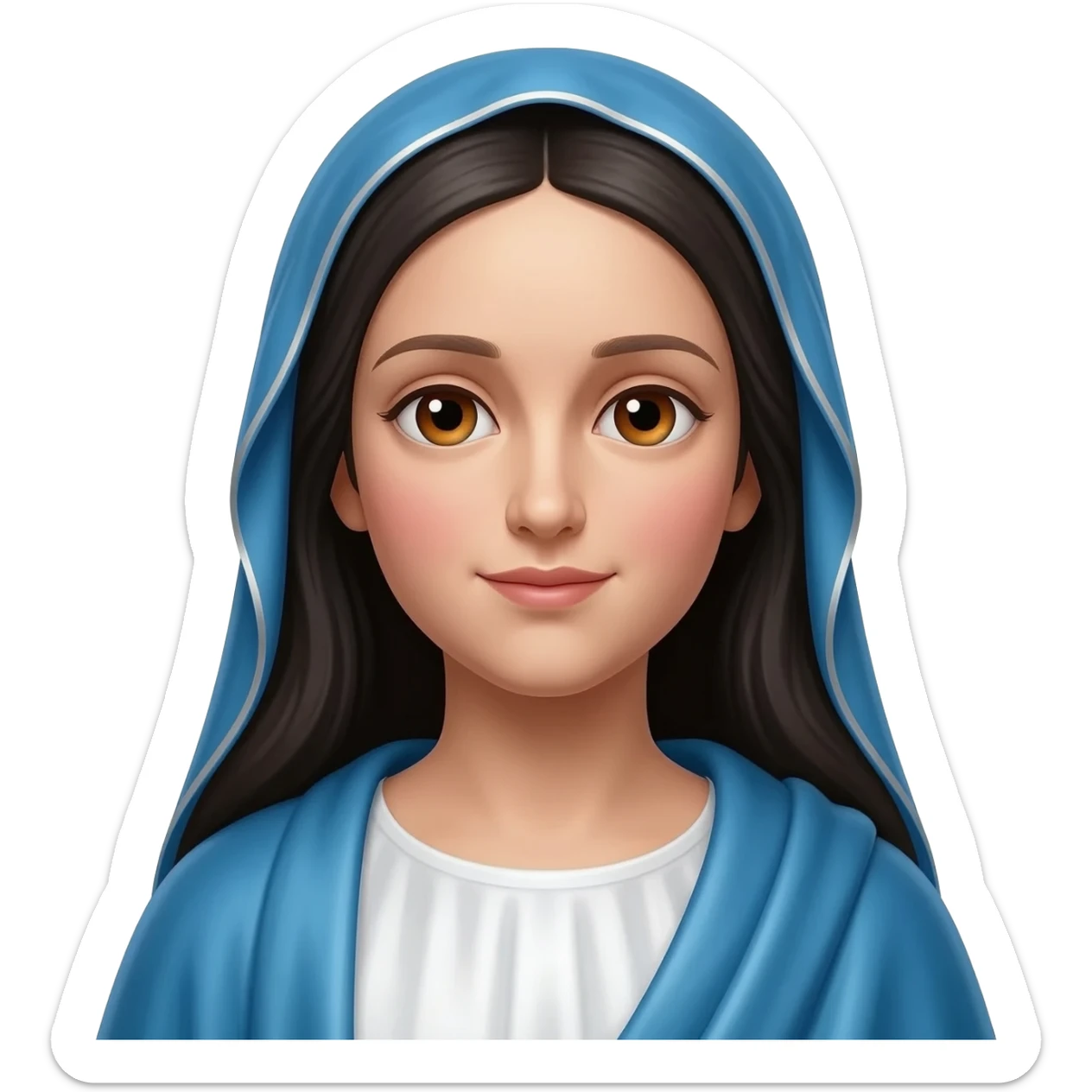 Mary, Mother of God from Christian Mythology with hazel eyes, long black hair, blue and white metallic toga sticker