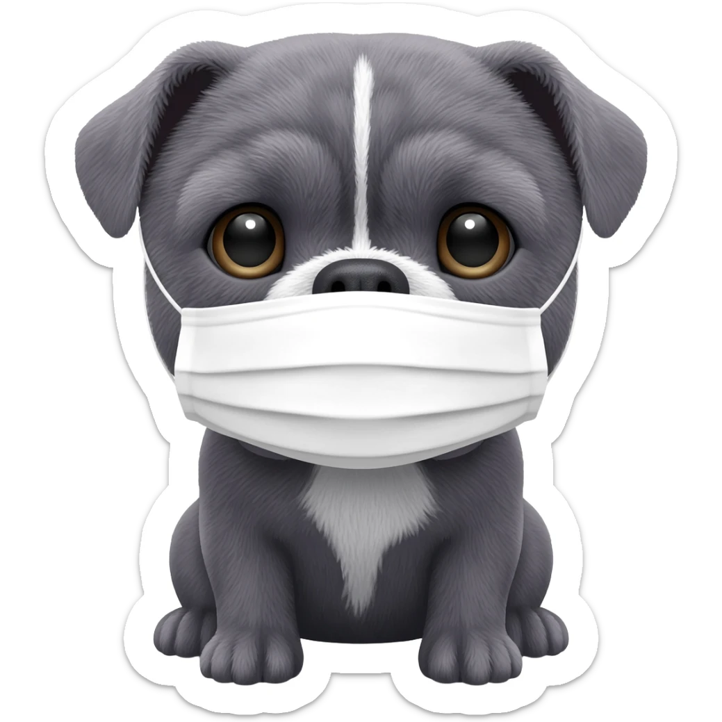 a Gray English bulldog sitting in his paws, he has a white color face mask sticker