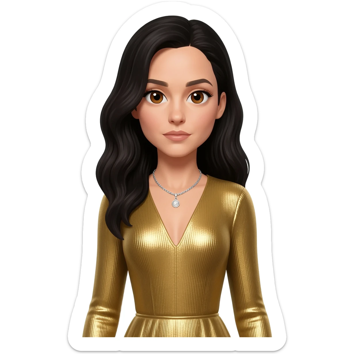 Gal Gadot with brown eyes, black long hair, gold metallic long sleeve dress, silver necklace sticker