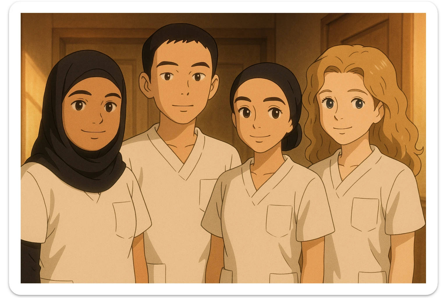 Variante 3 : Quatre étudiants infirmiers côte à côte, ambiance chaleureuse, en intérieur, style Ghibli, tenues uniformes blanches à manches courtes sans col, sans sous-pull ni stéthoscopes. Hauts de type tunique médicale, col en V, poche poitrine côté gauche. Visages et attitudes inspirés des quatre photos jointes, composition différente. sticker