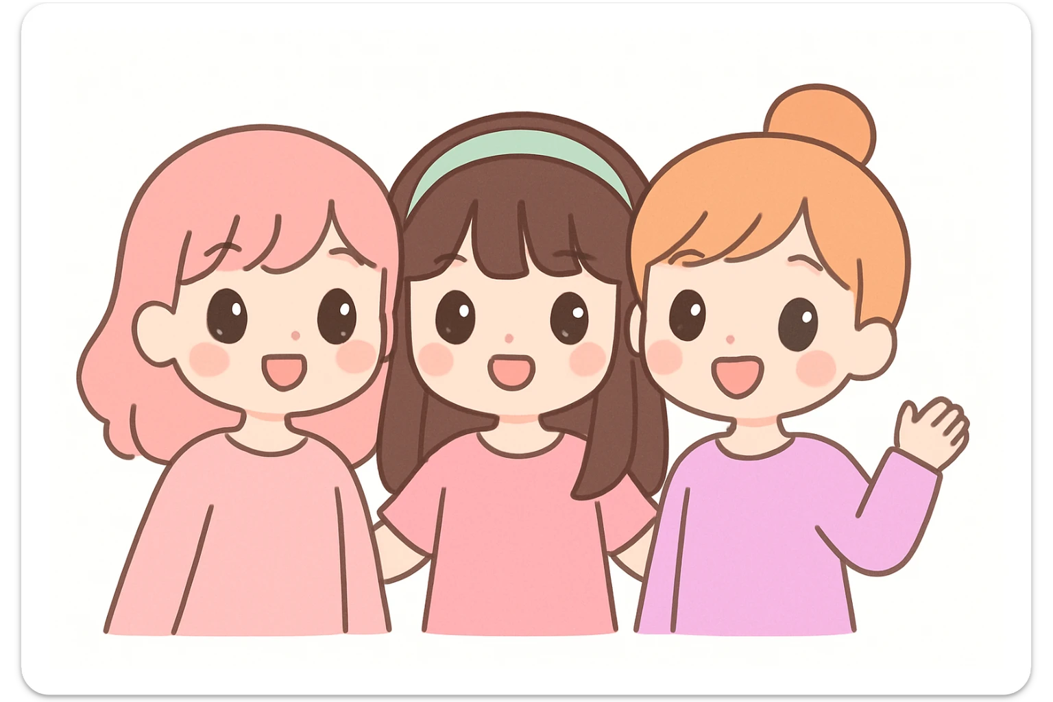three girl best friends, cute cartoon style, top half of their bodies visible, all wearing pink, smiling, cheerful expressions sticker