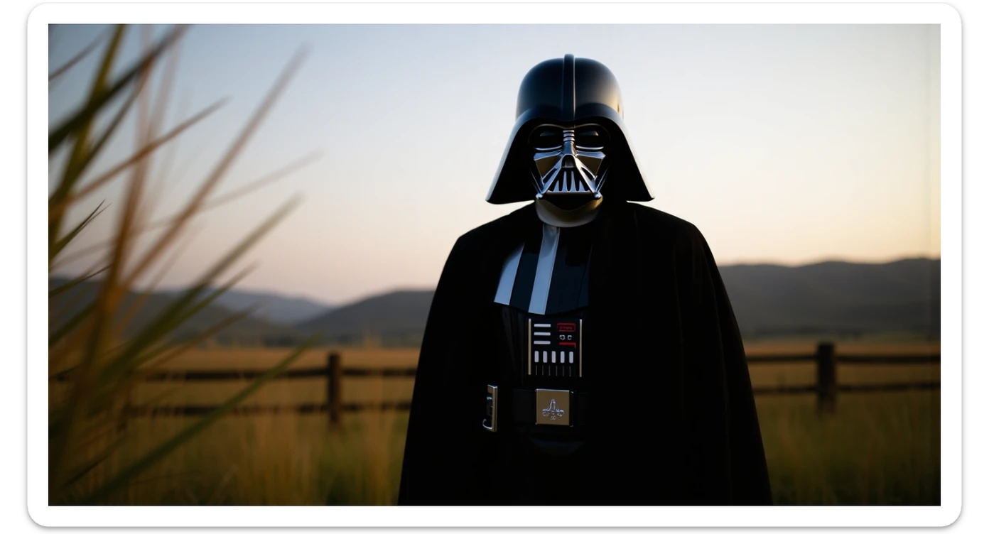 A portrait of a Darth vader in the foreground, blurred plants in the foreground (close to the camera), a wooden fence in the midground, rolling hills in the background, cinematic depth of field, layered composition, natural lighting sticker