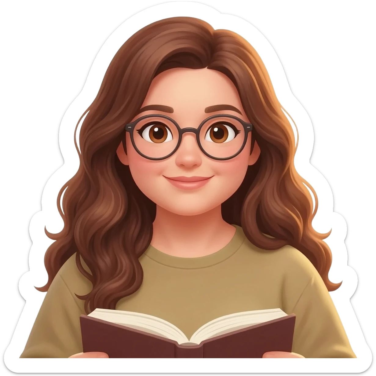 detailed emoji illustration of a curvy woman with long chestnut brown wavy hair, light brown eyes and round glasses, sitting comfortably and reading a book, warm sunlight, peaceful atmosphere, emoji style sticker
