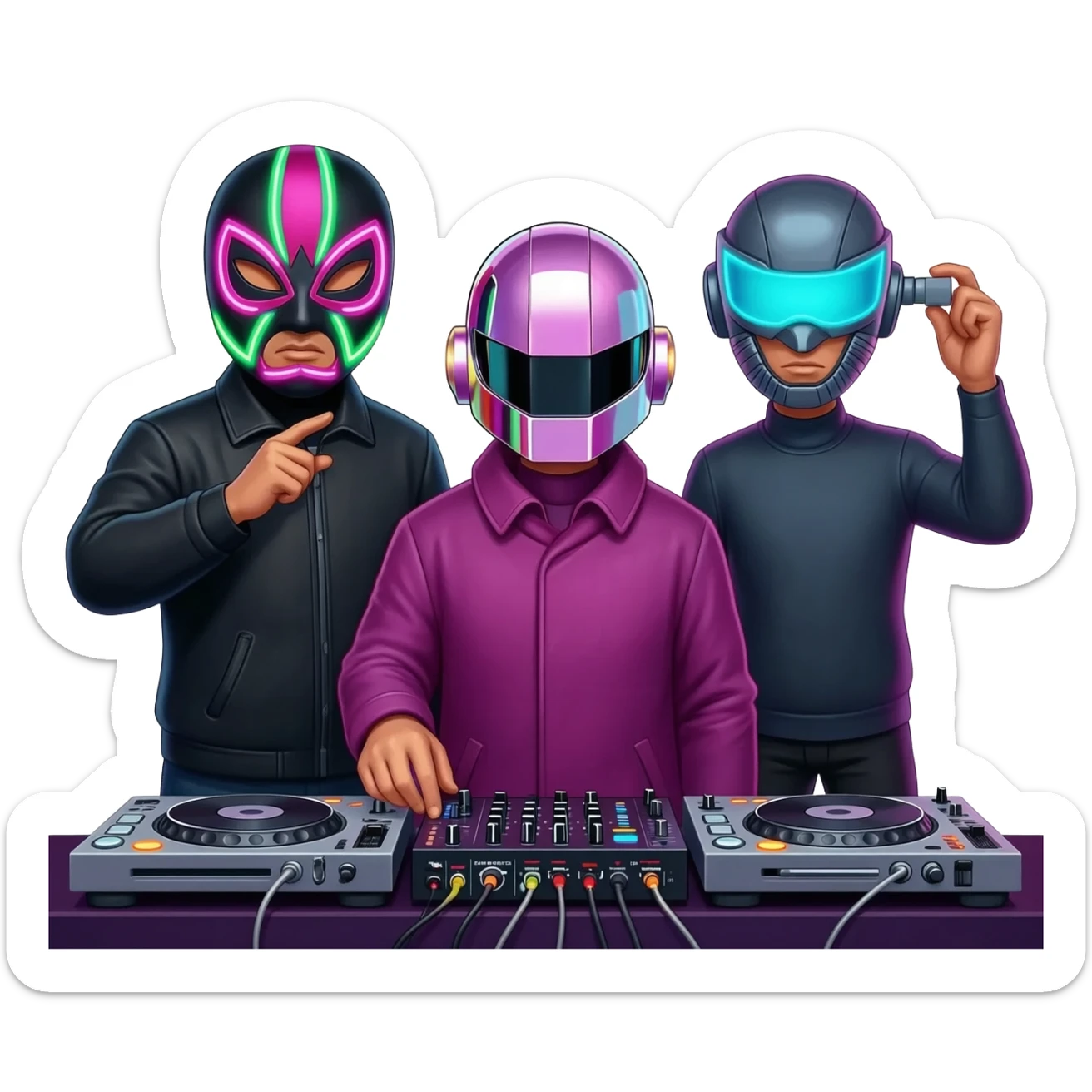 Trio dj with one having a led dj luchador mask and one with a dj mask like daft punk but pink and one with a cool dj mask sticker