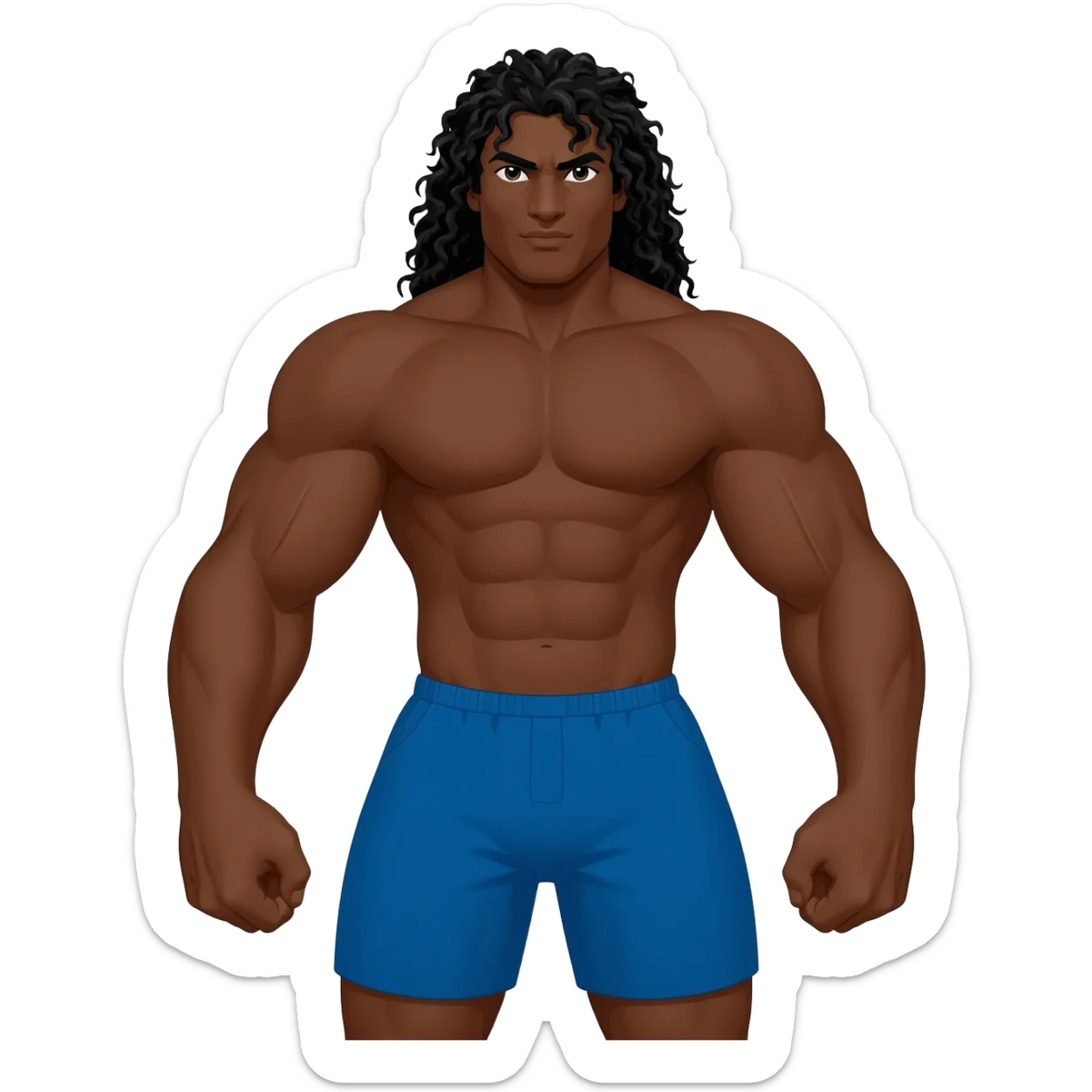 Superhero black male look superstrong blue shorts and big arms no shirt long black curly hair full body sticker