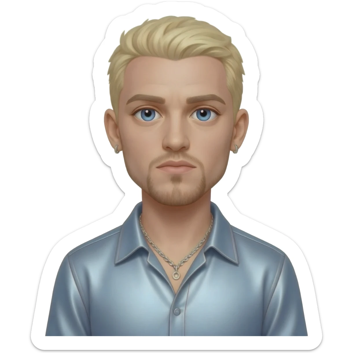 Eminem with blue eyes, blonde hair, light steel blue metallic shirt, silver necklace and short earrings sticker