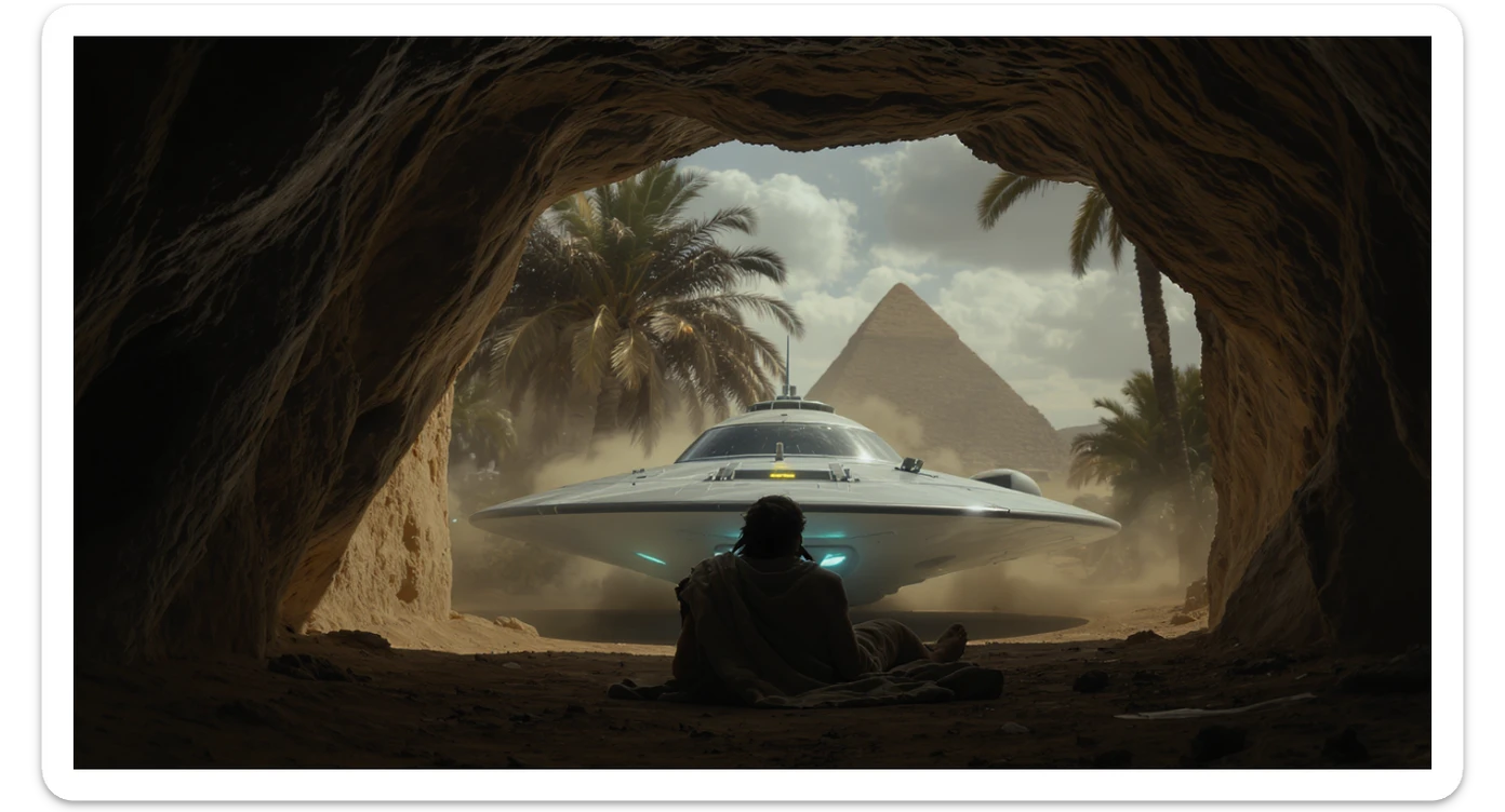 cinematic still, documentary photography, acient egypt, back shot of a man dress in ancient clothes in cave (frame in frame effect) on ground laying front of small ufo starship, palms, dynamic scane, leading lines, captured by arri alexa, depth layers, piramids in babckground sticker