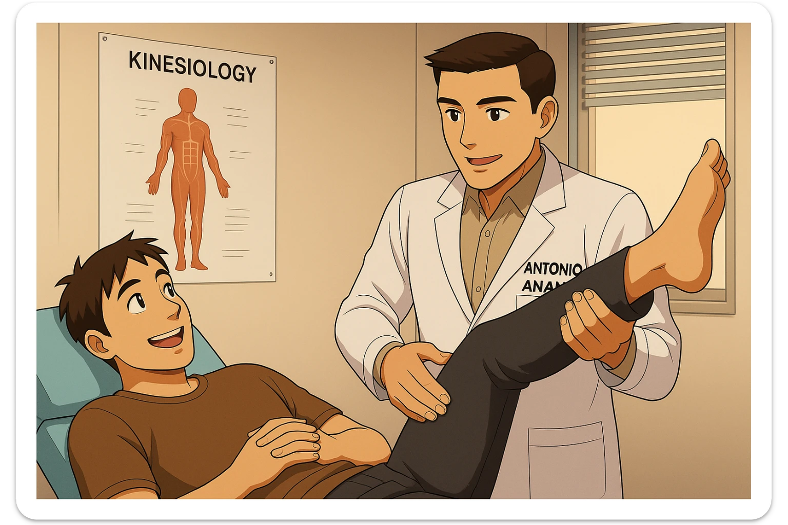 su questo lettino rappresenta un webtoon manga a colori con questo stile, in cui un uomo è steso sul lettino medico e il kinesiologo con il camice bianco (fagli anche la scritta "ANTONIO ANANIA" SUL CAMICE, gli solleva una gamba per fargli il test neuromuscolare, IL KINESIOLOGO SPIEGA ALL'UOMO UNA cosa mentre gli alza la gamba. l'espressione dell'uomo è felice e soddisfatta, non fare i fumetti però, fai solo in modo che sembri stiano parlando sticker
