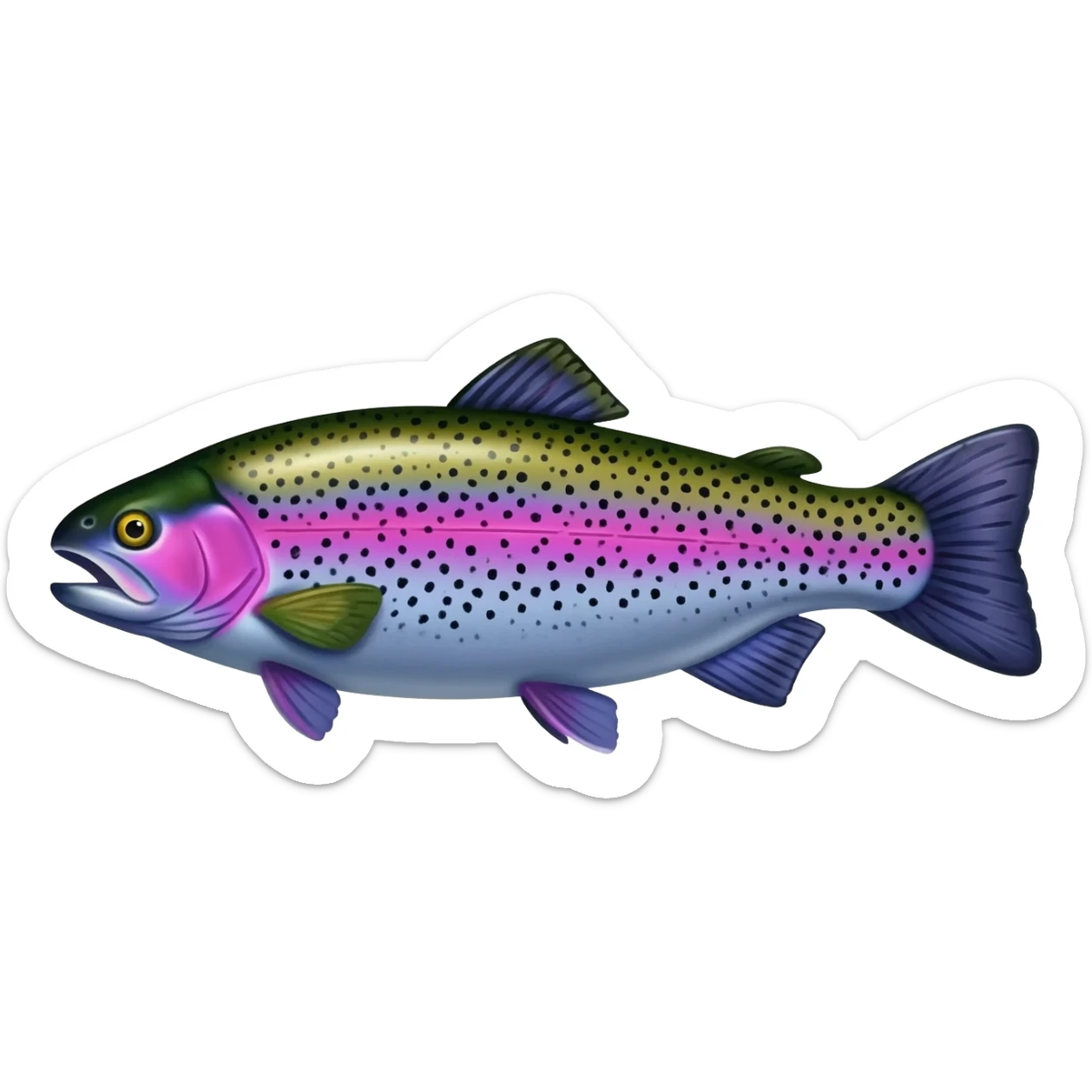 jumping realistic rainbow trout fish bright saturated purple blue green yellow white with scales and black speckles sticker