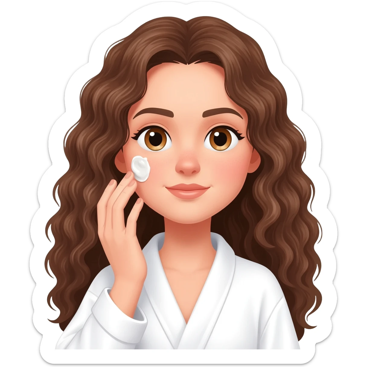 Menina branca,de olhos castanhos claros, com cabelos longos encaracolados e um roupão branco e cosa fazendo skin care sticker