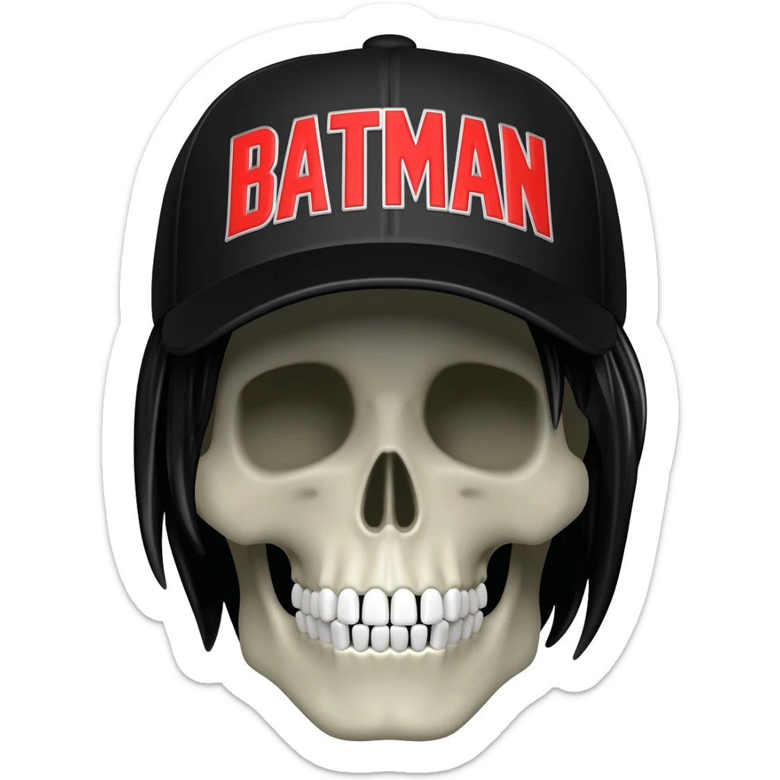 Create a skeleton head wearing a black baseball cap that says " Batman " in red, and white lettering, with black hair sticker