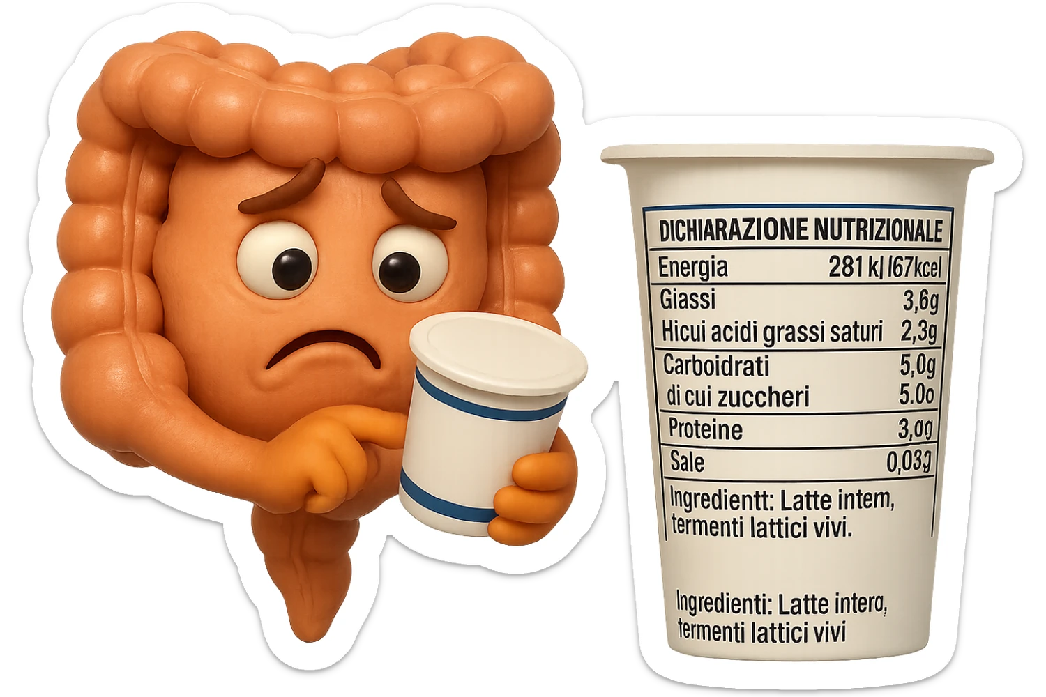 SU QUESTO STILE FAI UN EMOJI STILE IPHONE 3D DI UN INTESTINO CHE HA IN MANO UN BARATTOLO DI YOGURT CONFEZIONATO DA SUPERMERCATO E LEGGE L'ETICHETTA NUTRIZIONALE CON GLI INGREDIENTI IN ITALIANO, ACCANTO ALLO YOGURT CHE HA IN MANO C'è UN FOCUS SULL'ETICHETTA CON GLI INGREDIENTI SCRITTI, FAGLI UN ESPRESSIONE CONFUSA MENTRE LEGGE E FALLO MOLTO REALISTICO IN 3D sticker