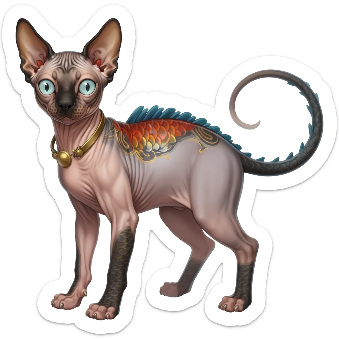 Japanese oriental Asian Edgy badass swimmy wet painted intricate ornate Japanese Asian koi-Minccino-Lykoi-Emolga-Sphynx-Linoone-Zangoose-fusion-hybrid-animal-Fakémon-creature, full body, thin long sleek scaly tail, intricate markings sticker