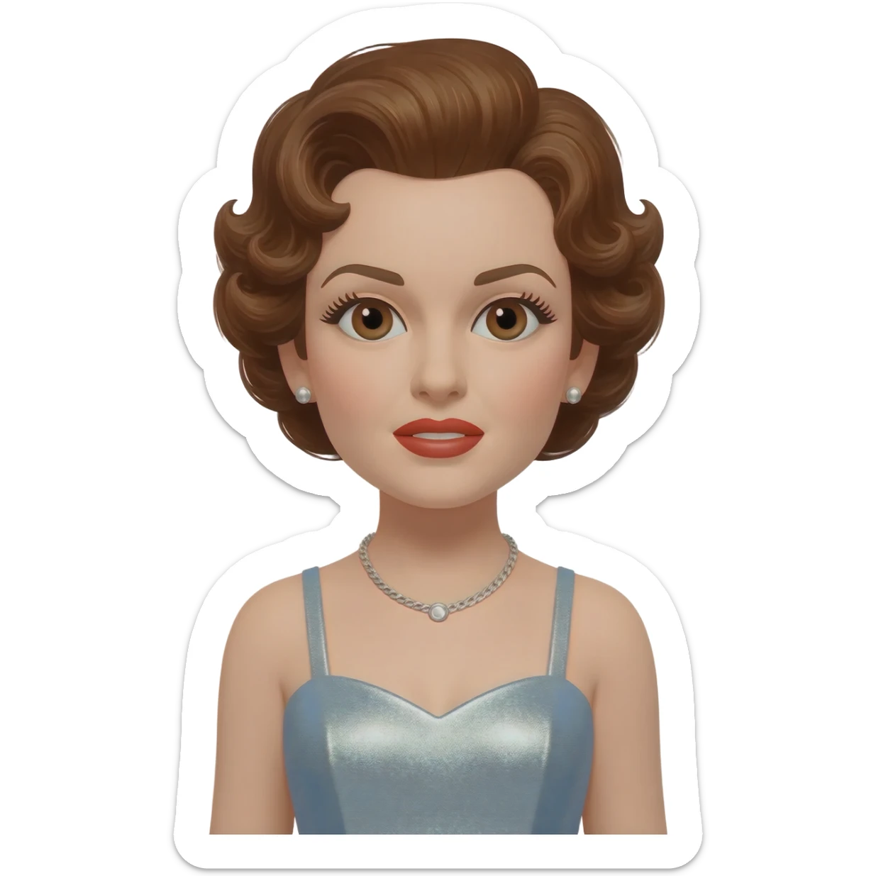 Judy Garland with brown eyes, brown hair, light steel blue metallic dress, silver necklace sticker