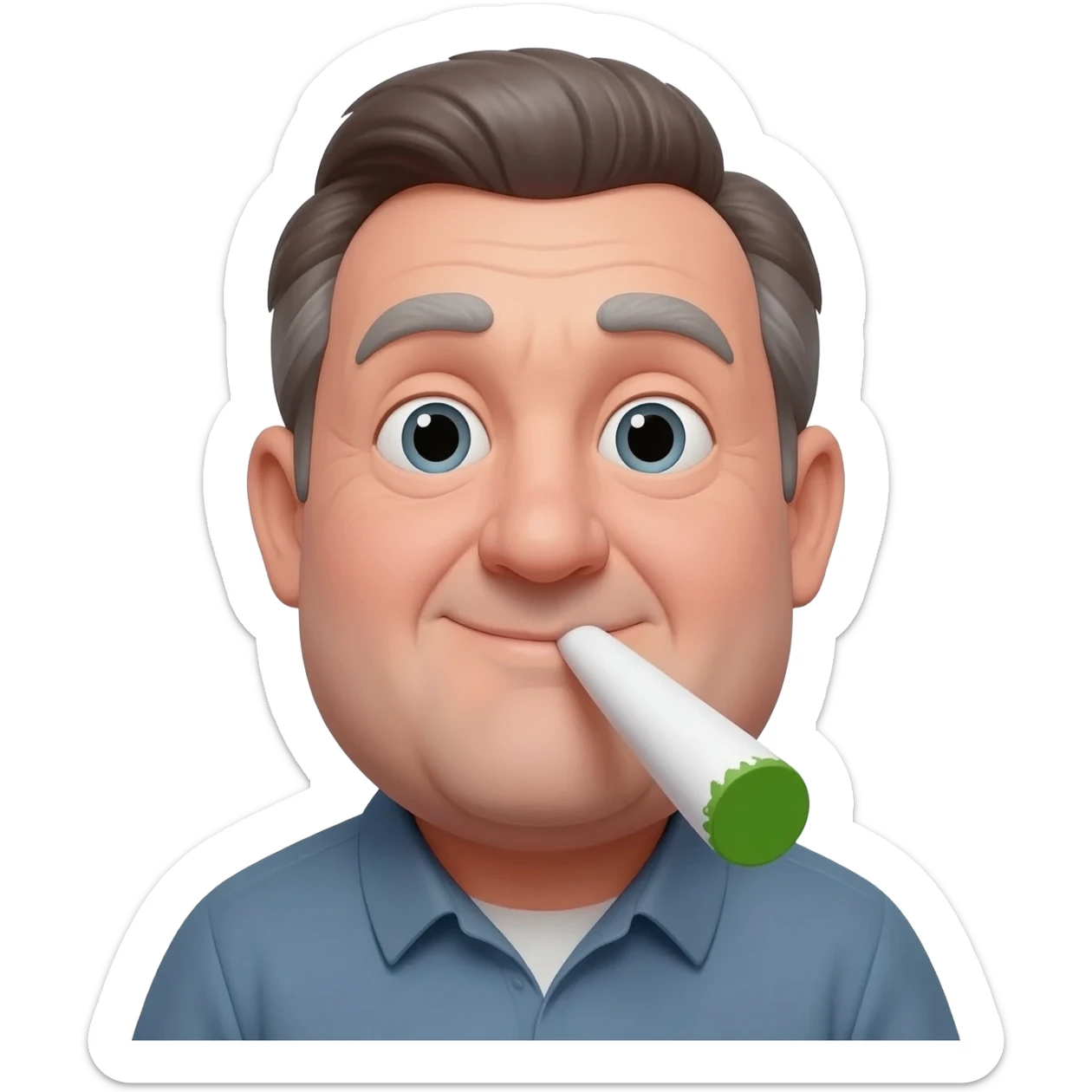 Chubby goofy looking middle aged  white guy with dark brown, but graying hair, Smoking A SUPER HUGE white and green smoking doobie sticker