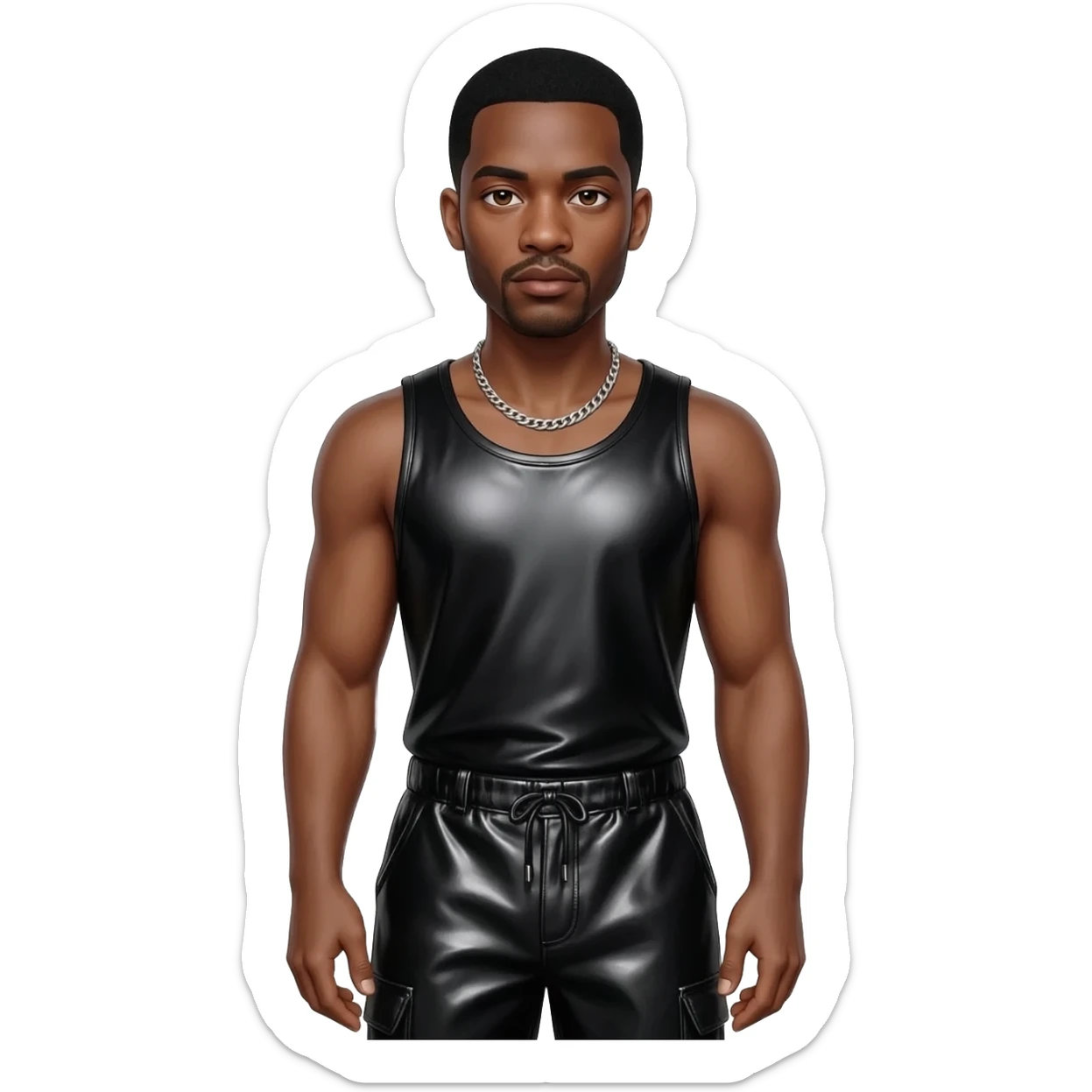 Usher with brown eyes, black hair, black metallic boat tank top, black metallic baggy dress pants, silver necklace sticker